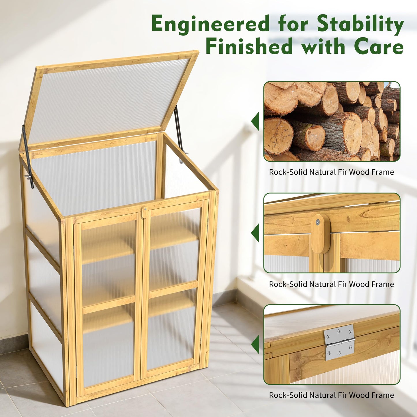 HOOYEAH Wooden Cold Frame Greenhouse, Small 3-Tier Greenhouse Cabinet with Adjustable Shelves & Flip-Top Ventilated Roof for Outdoor and Indoor Use