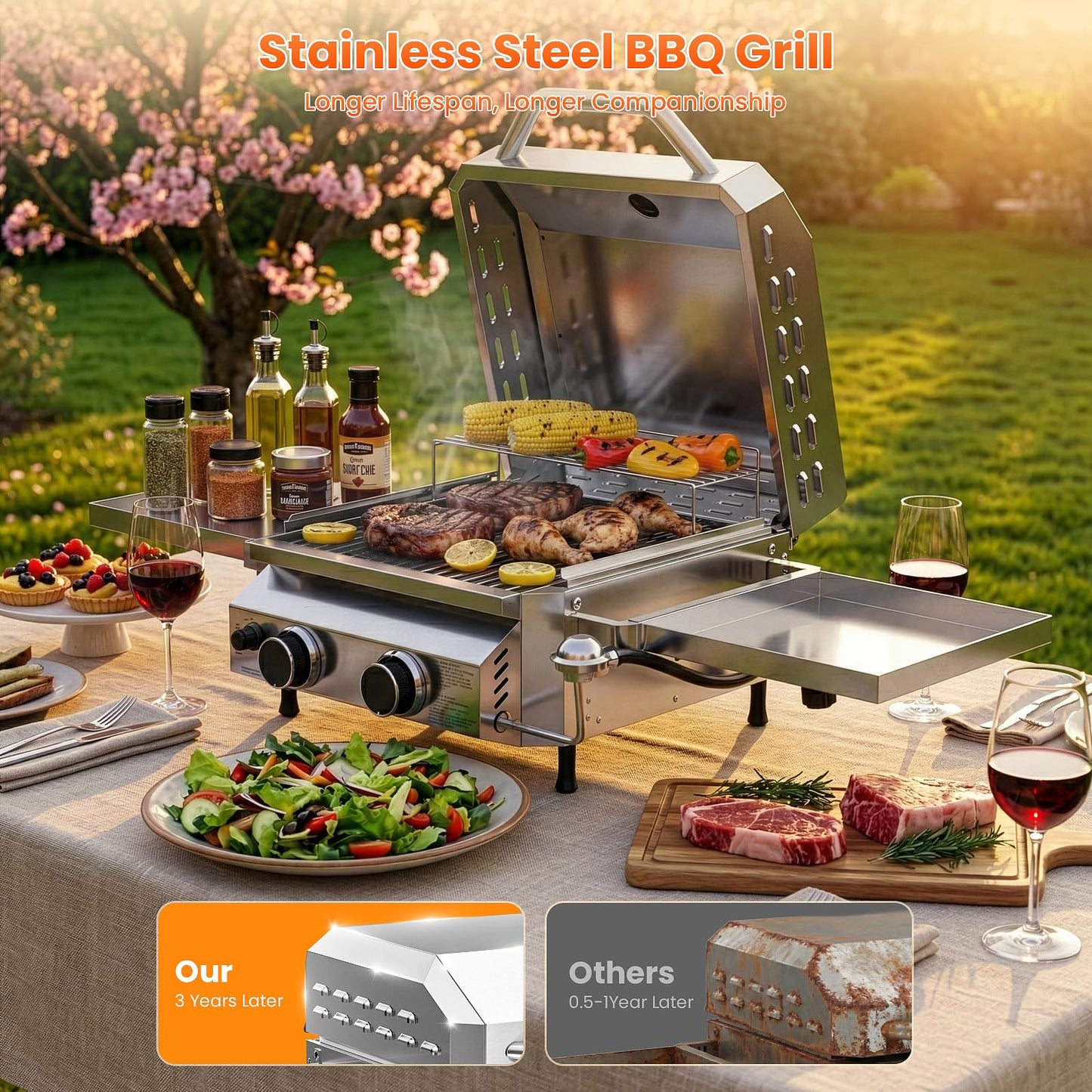 Cowsar Premium Dual-Burner Tabletop Gas Grill | 16,000 BTU Portable Propane Grill with 304 Stainless Steel & Dual Side Shelves – Compact Outdoor BBQ for Patio, Camping, and Backyard Grilling