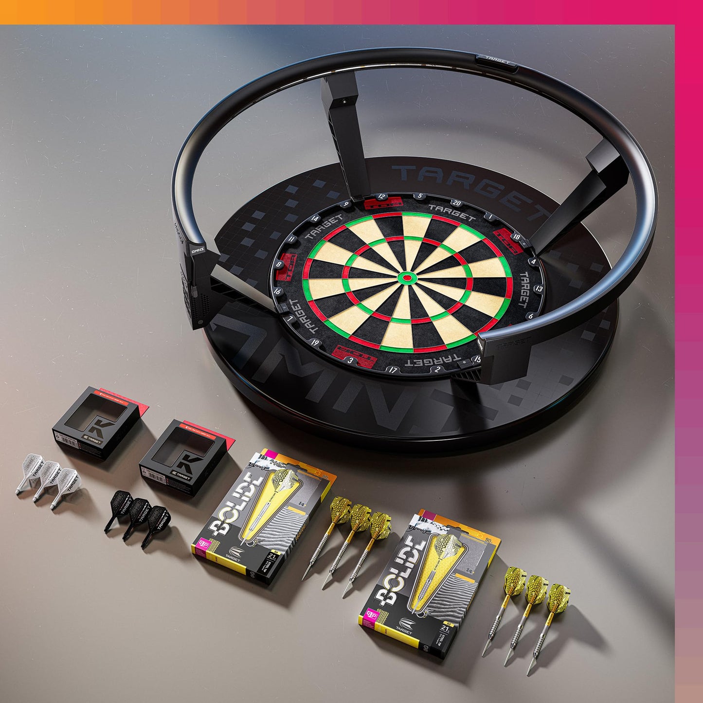 Target Darts Omni Ultimate Home Set up | Auto Scoring System with Wall Protection Surround and TOR Dart Board | LED Lighting System| 90% Tungsten Steel Tip Darts and No.6 K-Flex