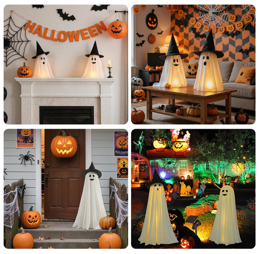 Halloween Decorations Indoor Outdoor, 2 Packs Light Up Spooky Ghost with Pumpkin Halloween Decor Crafts, Indoor Cute Party Ghosts Decorations for Table/Home/Room/Fireplace/Kitchen/Porch/Yard