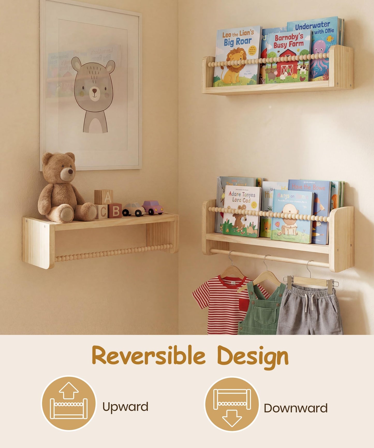 Mazjoaru Nursery Book Shelves for Wall Set of 3, Natural Wood Bookshelves Wall Decor, Small Floating Shelf Organizer for Kids Room, Bedroom, Kitchen Spice Rack