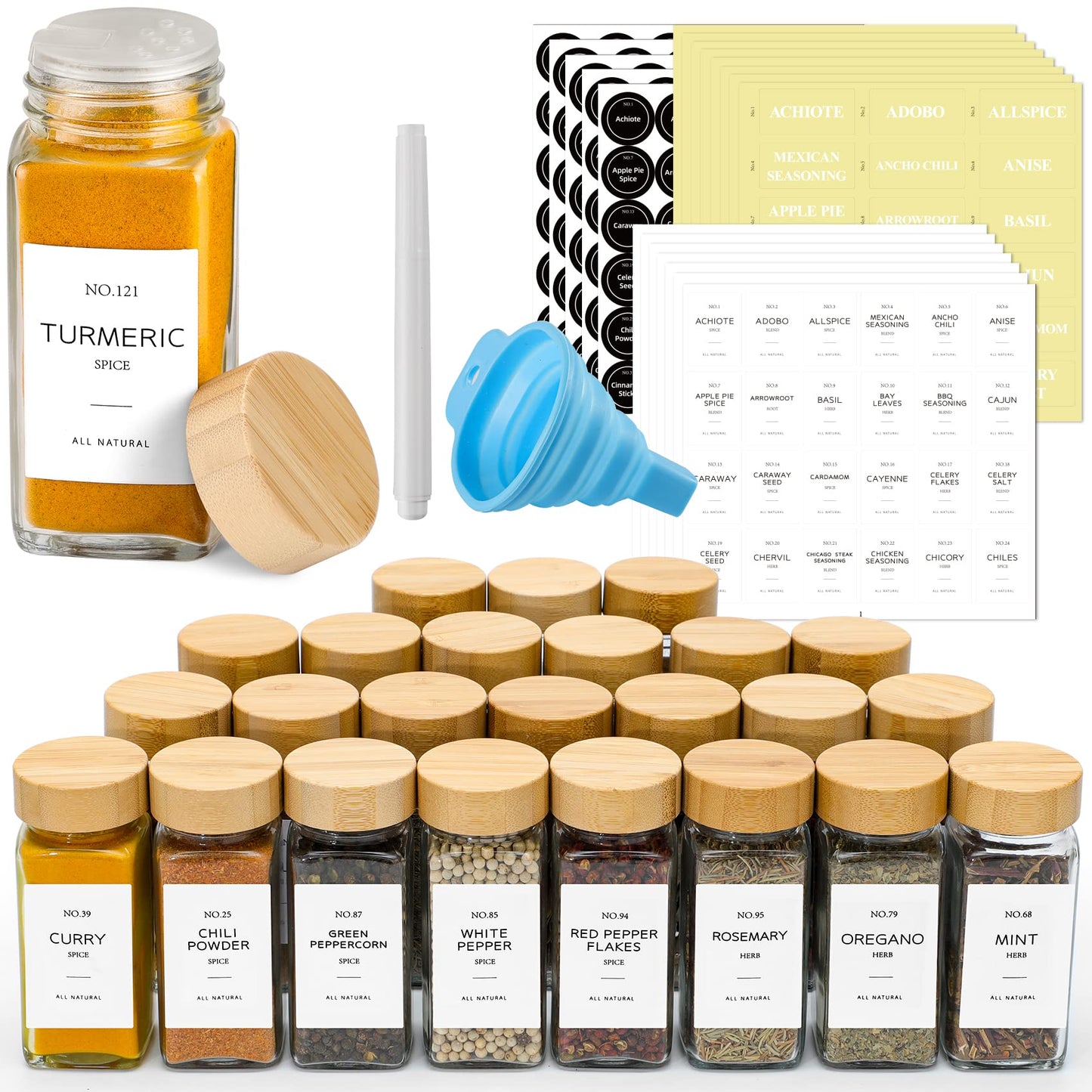 NETANY 24 Pcs Glass Spice Jars with Bamboo Lids, 4 oz Glass Jars with Minimalist Farmhouse Spice Labels Stickers, Collapsible Funnel, Seasoning Storage Bottles for Spice Rack, Cabinet, Drawer