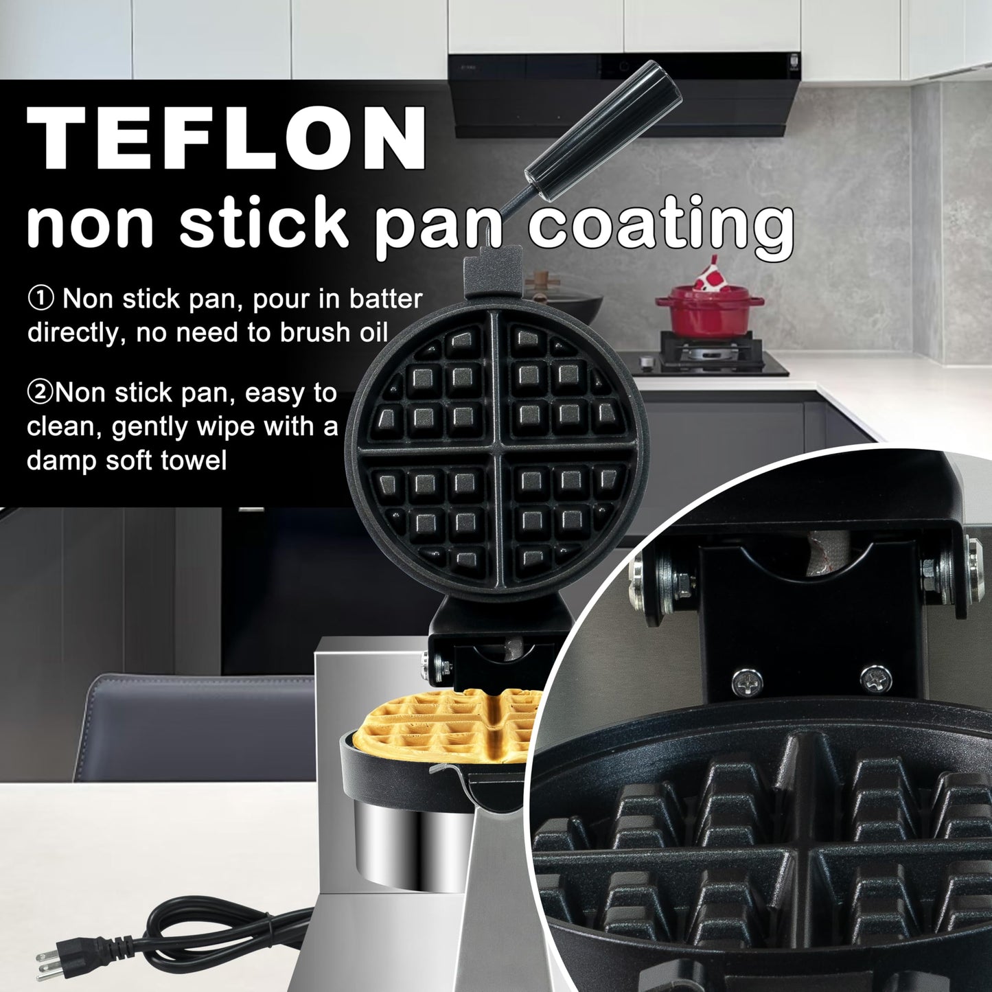 Commercial Waffle Maker, Professional Belgian Waffle Maker Round Waffle Iron Non-Stick 180° rotary Waffle Iron Machine With Temp and Time Control, for Restaurant Bakeries Kitchen Home 110V 1300W