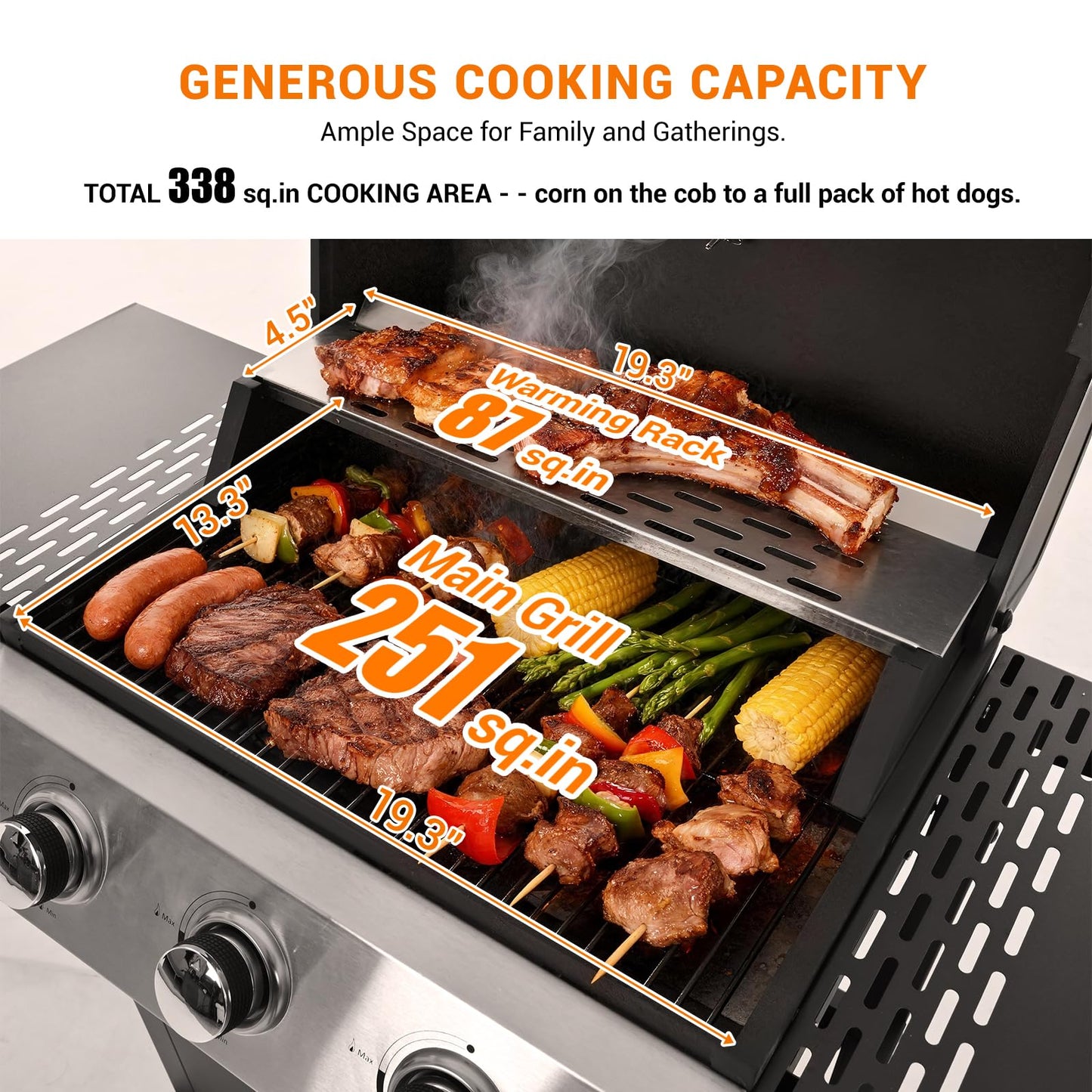 EUHOME Stainless Steel 3-Burner Gas Grill, 25650 BTU Outdoor BBQ Grill with Side Table, 338 sq.in Cooking Area, Perfect for Patio, Deck & Family Barbecues