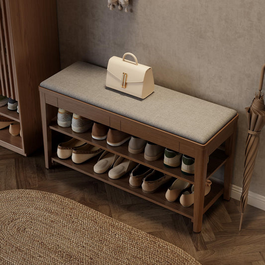 YQJJGL Shoe Bench with Storage, Wooden Shoe Storage Bench with Cushion&Hidden Drawer, 2-Tier Shoe Rack Bench for Entryway, Mudroom, Hallway