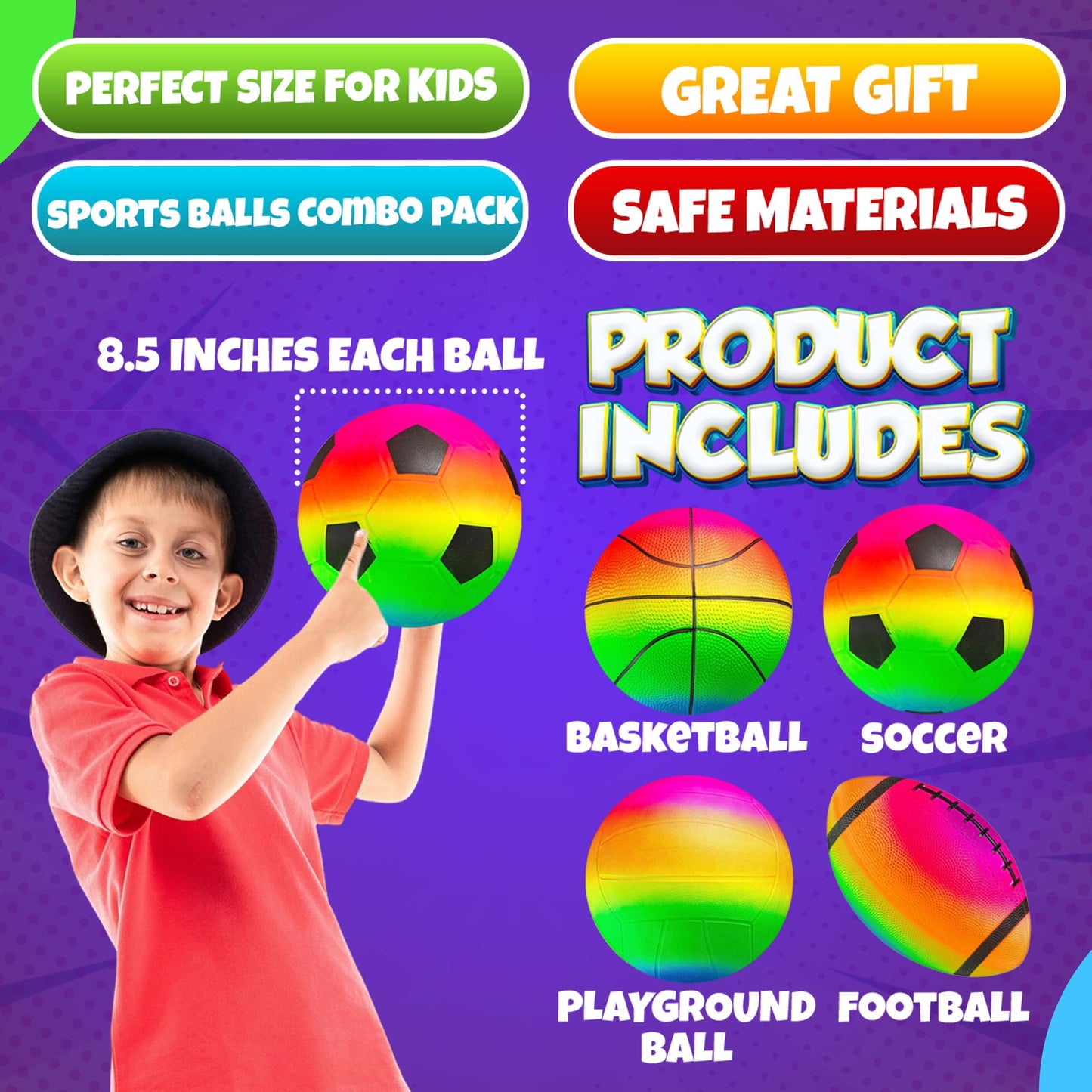 Rainbow Sports Balls for Kids & Toddlers - (Pack of 4) 8.5-Inch Neon Sport Ball Set Includes Football, Soccer, Basketball, & Playground Balls, Toy Balls for Indoor/Outdoor