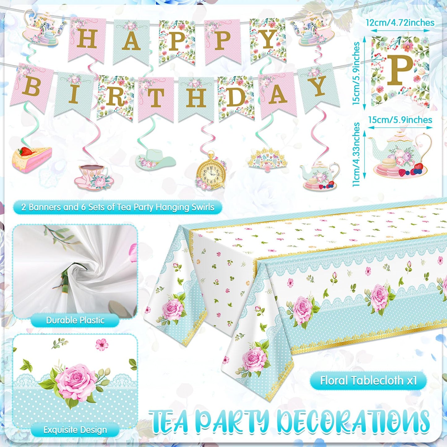 SiliFine 106 Pcs Tea Party Supplies for 12 Guests Include Plates Tea Cups Saucers Napkins Cupcake Stand Tablecloth Banners Floral Tea Party Tableware Set for Girls Birthday Baby Shower Party Favors