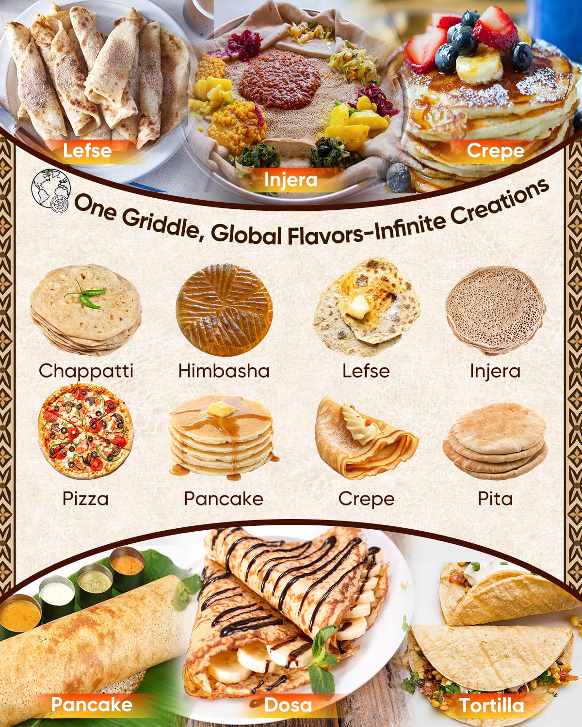 18.5" Mogogo Injera Maker Mitad/Electric Lefse Griddle, Adjustable Temperature & Time, Non-Stick Surface, Even Heating for Injera, Lefse, Crepe, Pancake, Dosa, Saj Bread & Other Flatbreads