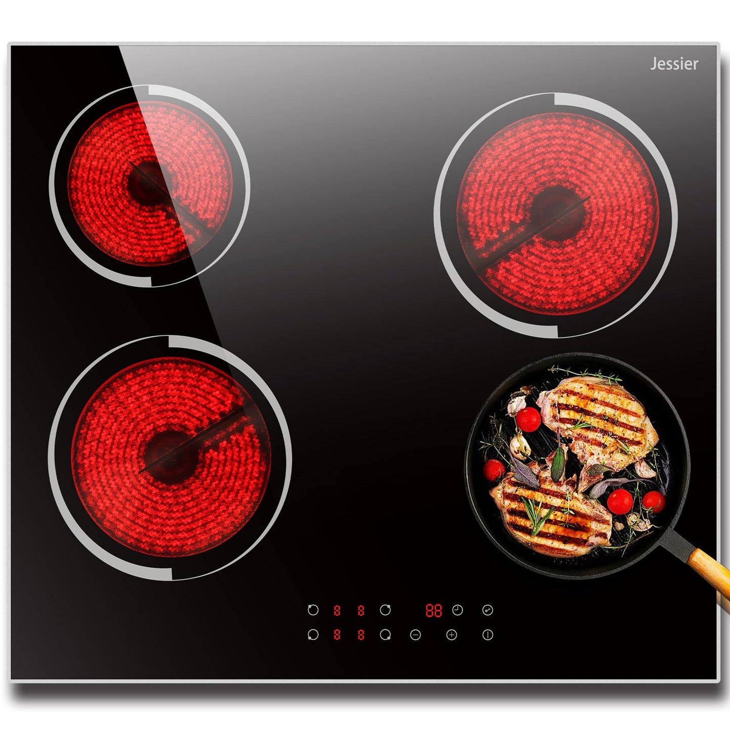 Jessier Electric Cooktop 24 Inch - 4 Burner Drop-in(22.05"x19.3") Electric Ceramic Cooktop, Electric Stove Top with Glass Protection Metal Frame, 9 Heating Level, 6000W, 220V Hard Wire(No Plug)
