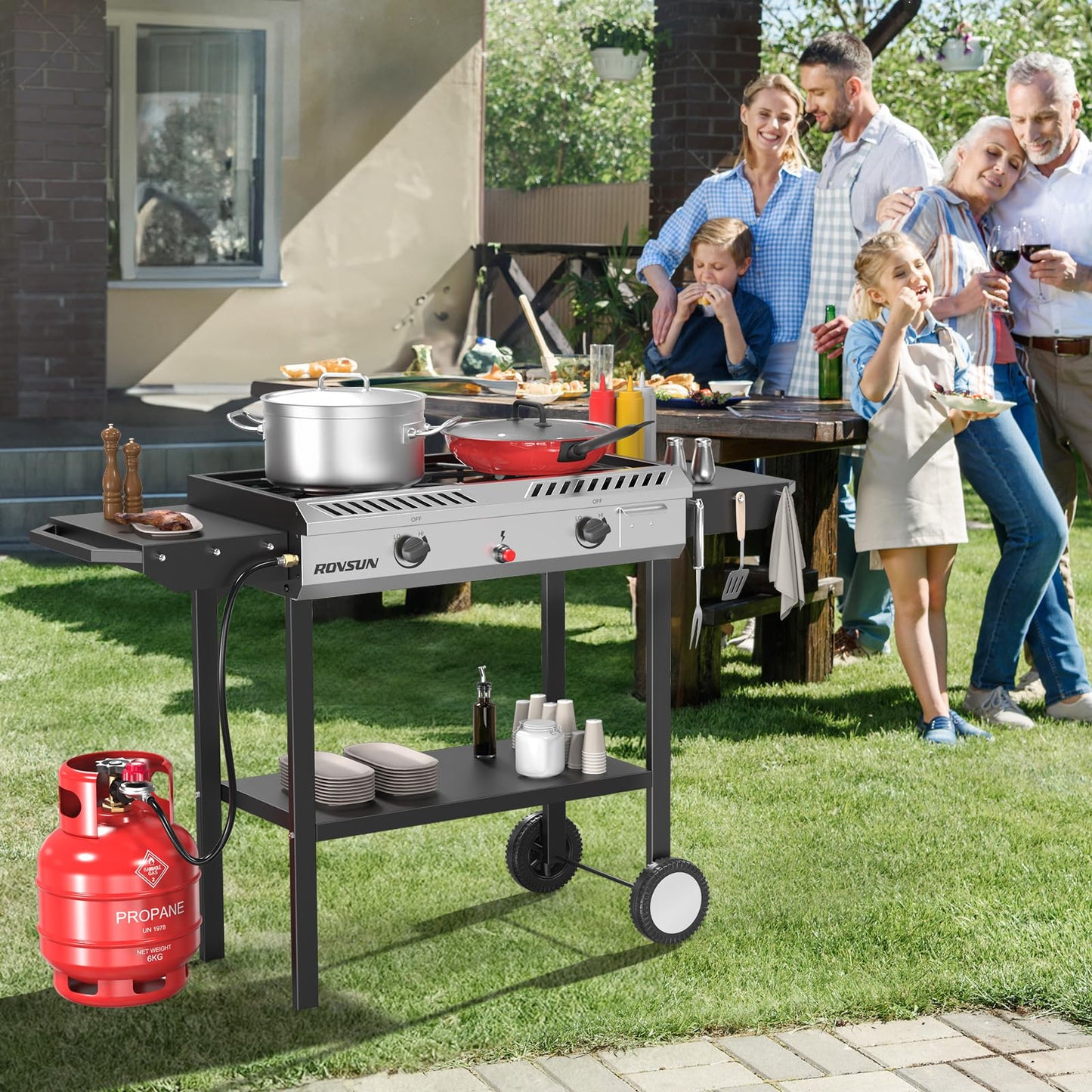 ROVSUN 2 Burner Outdoor Propane Gas Stove with Auto-ignition, Regulator & Side Shelves, 150,000 BTU Powerful Stand Cooker for Backyard Patio Cooking Home Brewing Canning Turkey Frying
