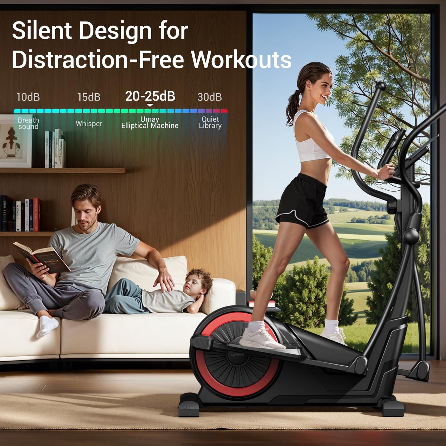 UMAY Elliptical Exercise Machine with 15.5" Stride & Heart Rate Grips, Silent Magnetic Elliptical Trainer for Home with 16 Levels Resistance and LCD Monitor, 350LBS Weight Capacity