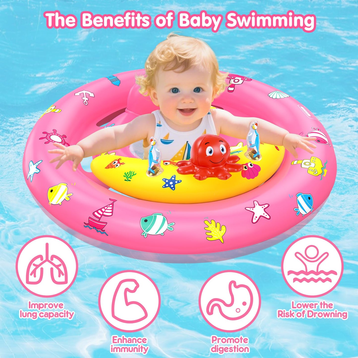 Baby Pool Float with Canopy, Inflatable Baby Swim Float with UPF50+ Sun Protection, Toddler Infant Pool Float with Toy Play Console Adjustable Safety Seat for Kids Girls Boys Aged 6-36 Months