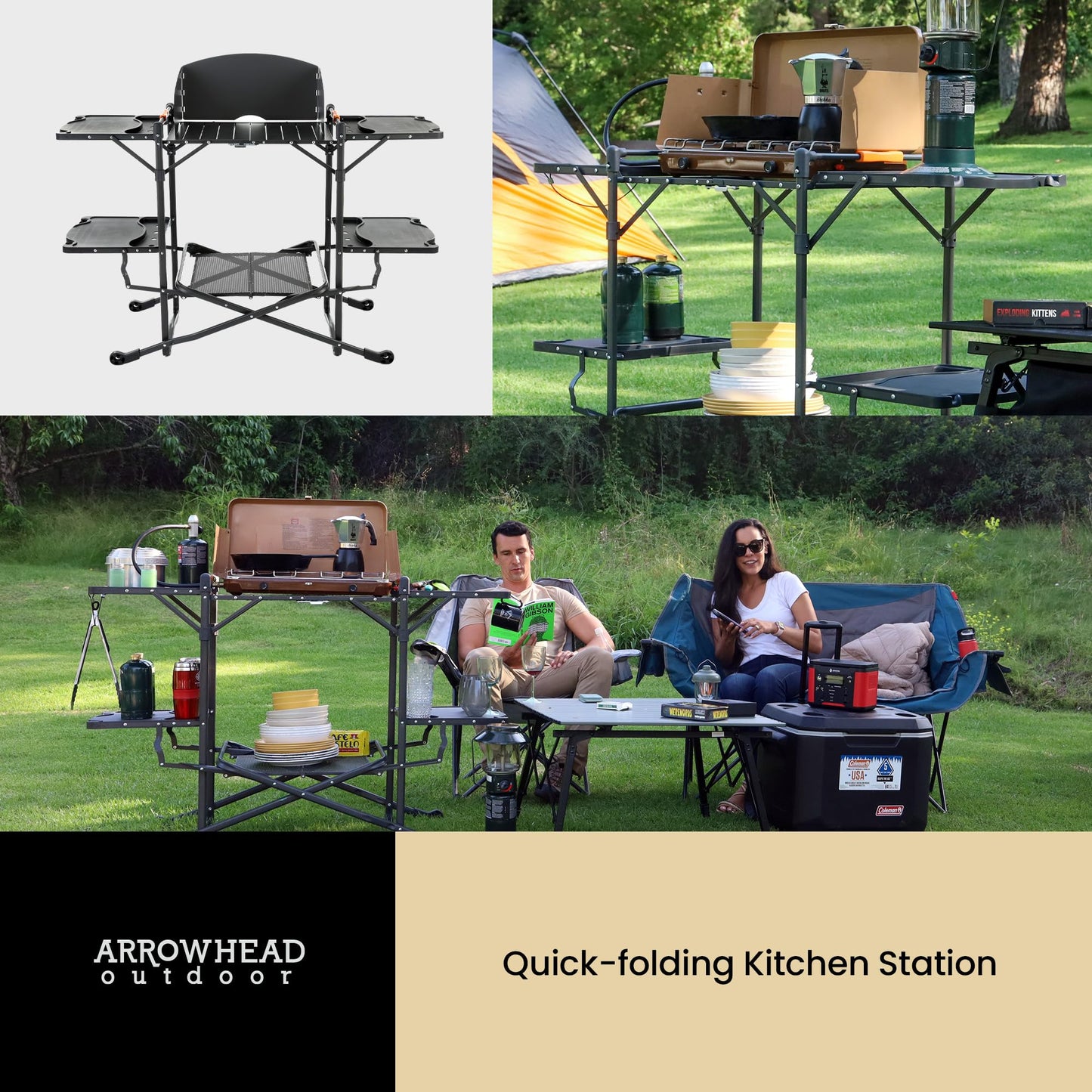ARROWHEAD OUTDOOR 54" Wide Quick Folding Kitchen Station with Add-on Windscreen, 4 Side Tables, Aluminum Tabletop, Tool-Hanging Cord, 154 LBS Max Weight Load, for Patio BBQ and Camping