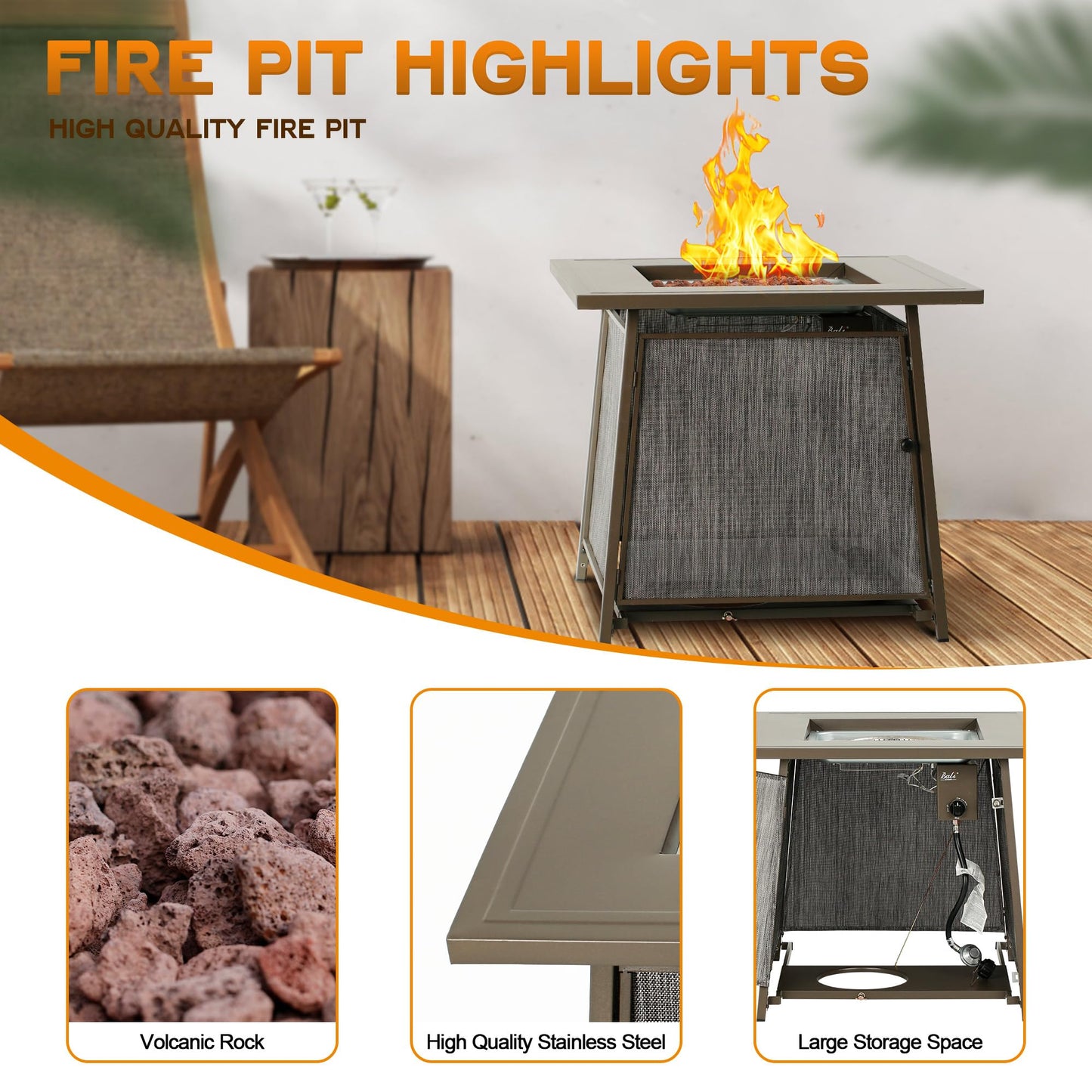 BALI OUTDOORS 50,000 BTU Propane Fire Pit Outdoor, 28 inch Propane Fire Pit Table Square, Gas Firepits for Outside Patio, Garden, Backyard