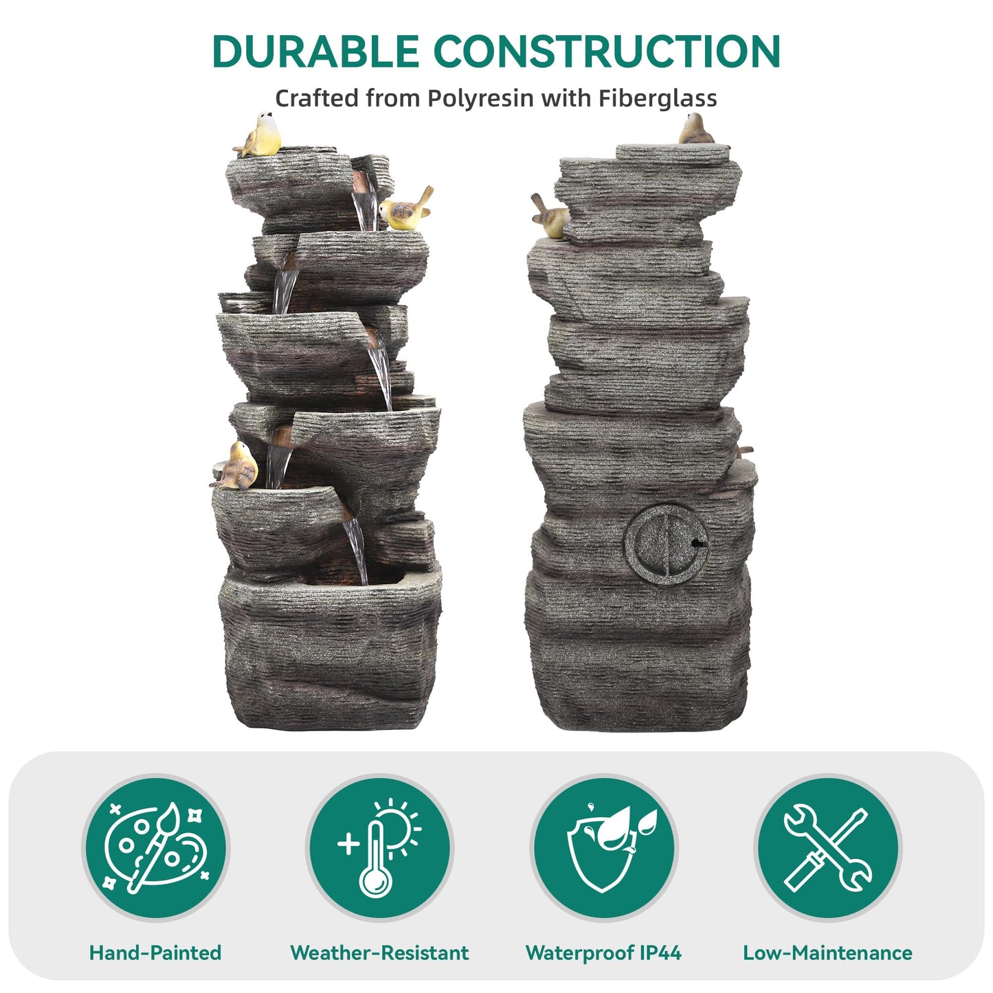 Ultym 40" H Extra-Large Rock Outdoor Water Fountain with LED Lights, 6-Tier Cascading Stone Waterfall with Birds for Garden Patio Porch, Weather-Resistant Polyresin Water Feature for Tranquil Oasis