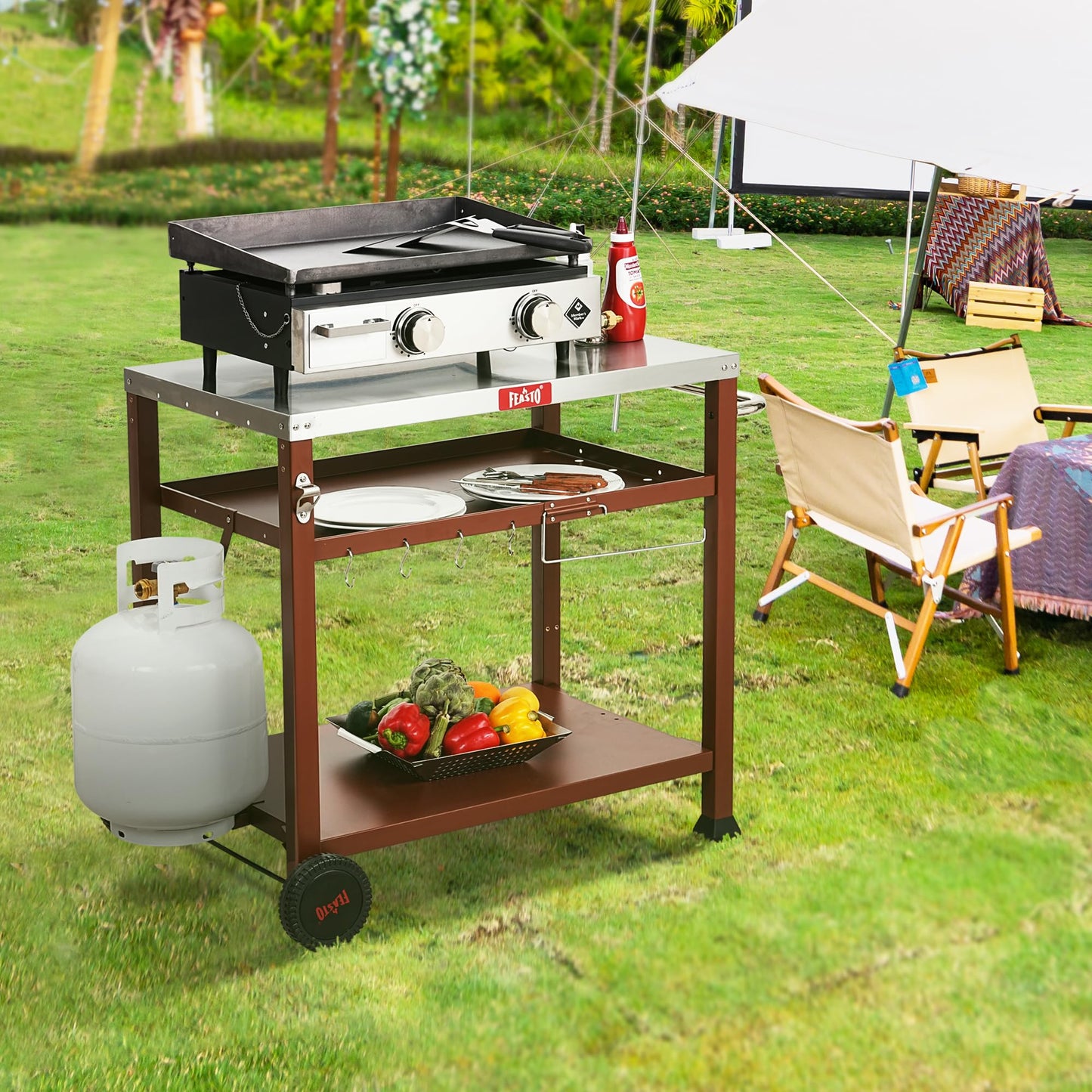 Feasto 3-Shelf Outdoor Grill Table, Pizza Oven Table for Outside, Movable Grill Cart with Wheels, Indoor & Outdoor Cooking Station, Pizza Oven Stand for Ooni Blackstone Griddle 33.5”x 21.7”