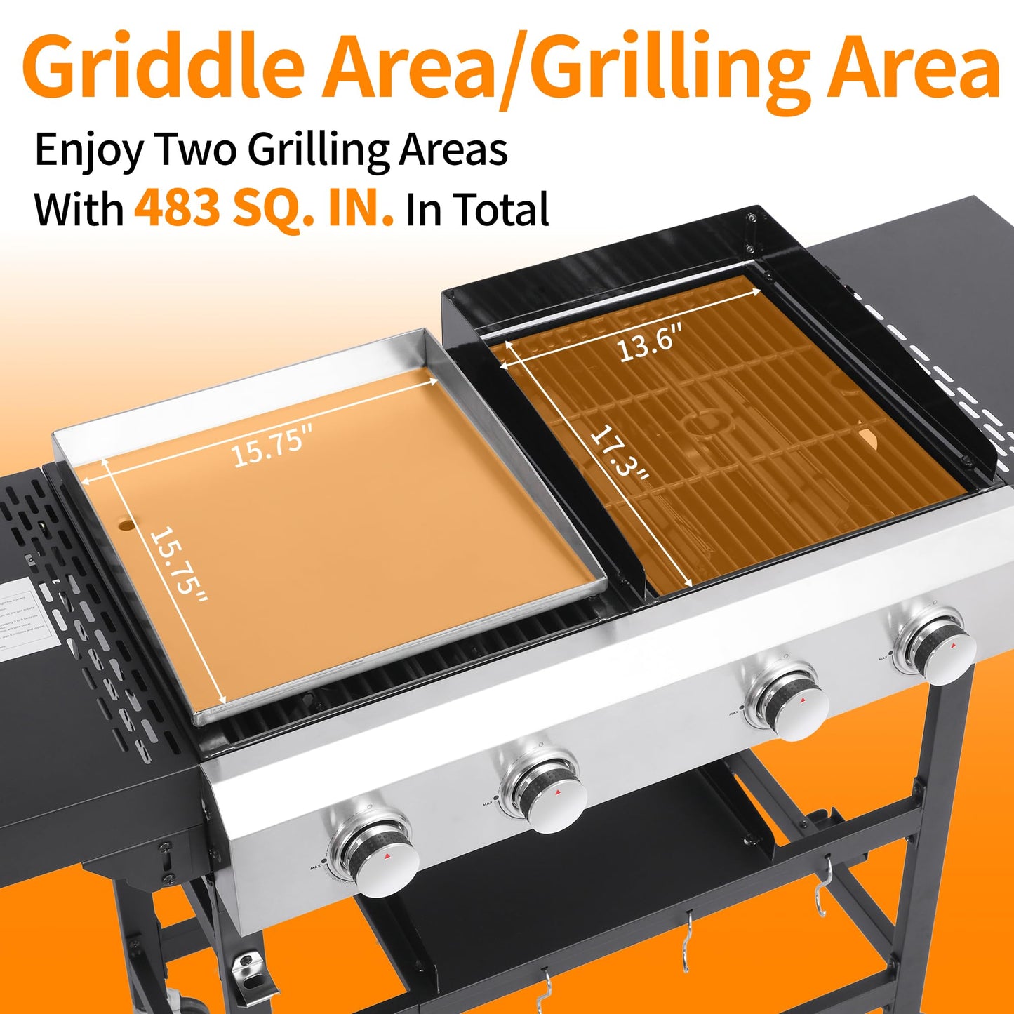 Cookit Propane Gas Grill and Griddle Combo with 40,000 BTUs, 4-Burner Stainless Steel Griddle & Cast Iron Grill Combo for Outdoor Cooking While Camping or Tailgating