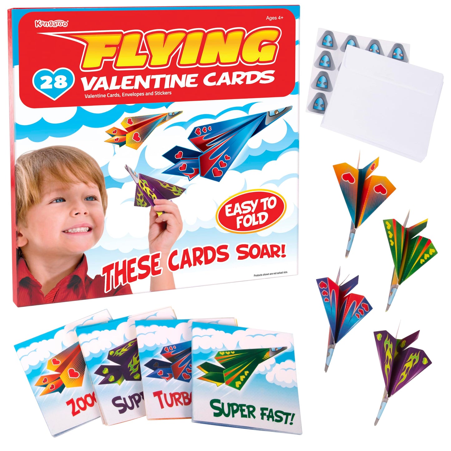 Kangaroo 28 Pack Flying Paper Airplanes Valentines Day Cards for Boy & Girl with Envelopes & Stickers - Valentines Day Cards for Kids School - Valentine Bulk Party Favors Classroom Gift