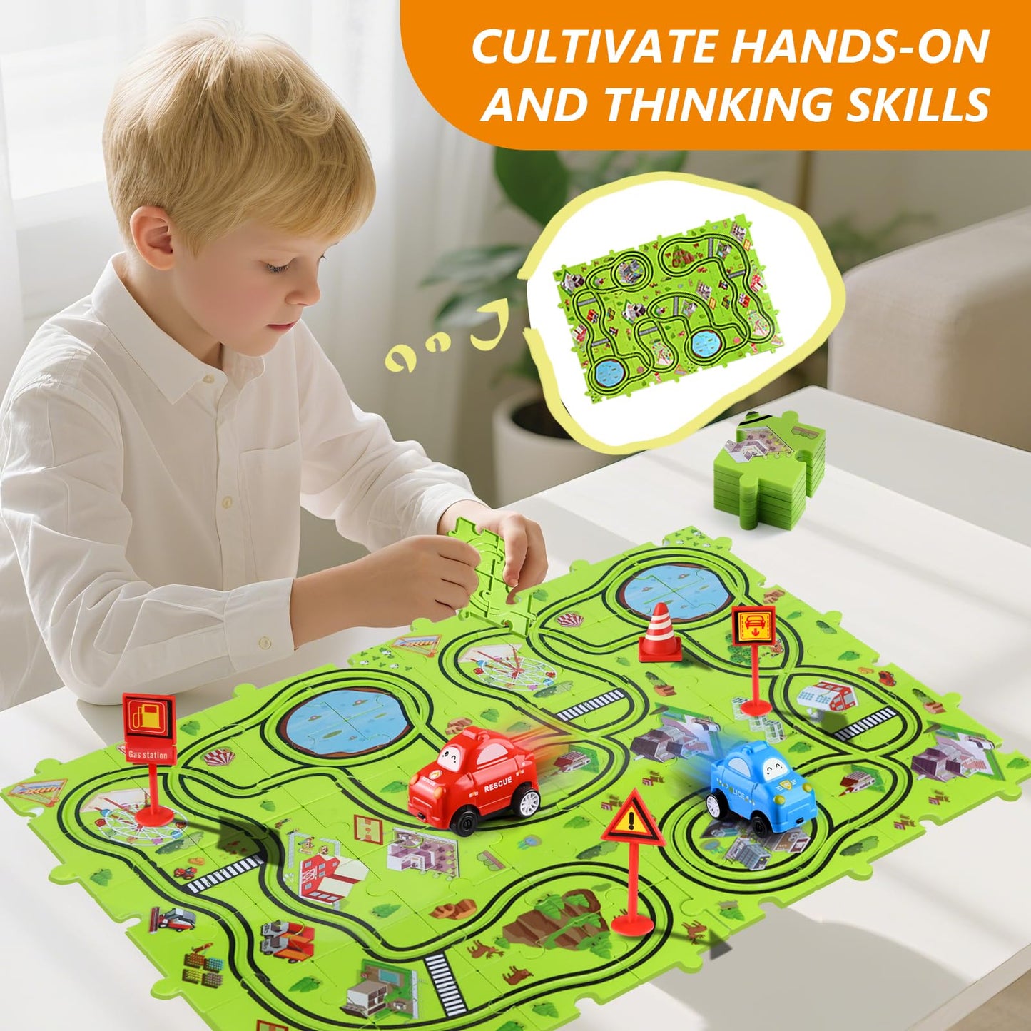 48 PCS Puzzle Race Track Car Set: Toddlers Kids Boys Girls Toys & Gifts for 3 4 5 6 Year Old | Puzzle Tracks Car Toys | with 2 Small Cars Toy and Roadblocks | Play & Learn Toy | Kid for Ages 3-5 4-6