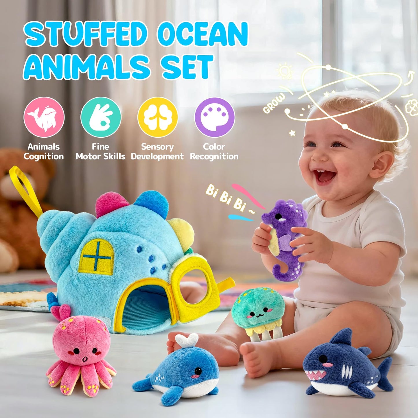 pamexin Baby Toys 6-12 Months, Ocean Stuffed Animals Set with 1 Conch House and 5 Sea Creatures, Rattle, Lanyard, Mirror, Montessori Toys for 6+ Month Old, Gifts for Babies Grandkids