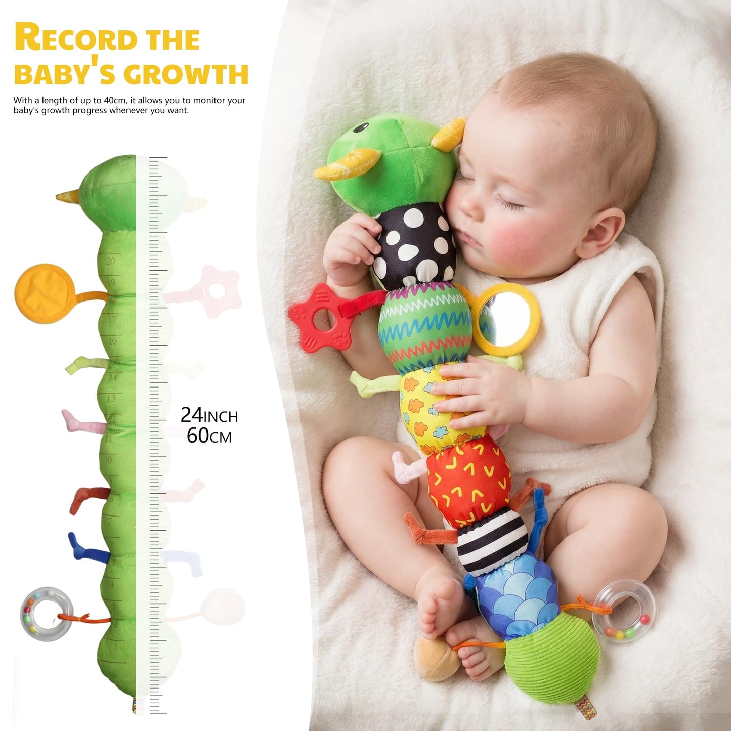 Baby Toys 0-6 Month Musical Caterpillar Toy for Infant 0-3 3-12 Months,Mirror Crinkle Rattle Tummy Time Sensory Toys Newborn Boys&Girls Stuffed Plush Gifts,Car Seat Toys for Outings