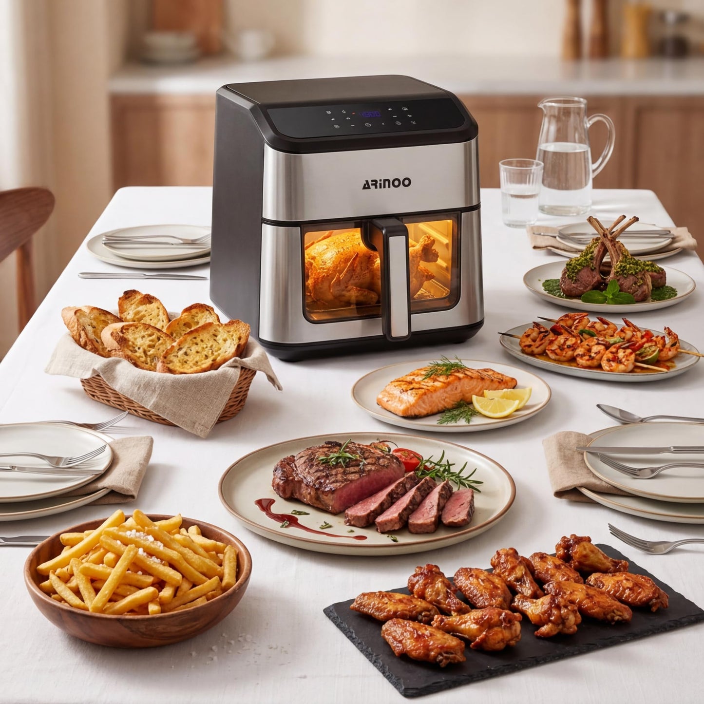 ARINOO Air Fryer Pro with Viewing Window, XL 8 Qt Family Size, 8 Presets French Fries, Chicken, Meat, Pizza, 360° Even Cooking, Recipe Book, 1500W, Nonstick Dishwasher-Safe Basket, 400°F, Black