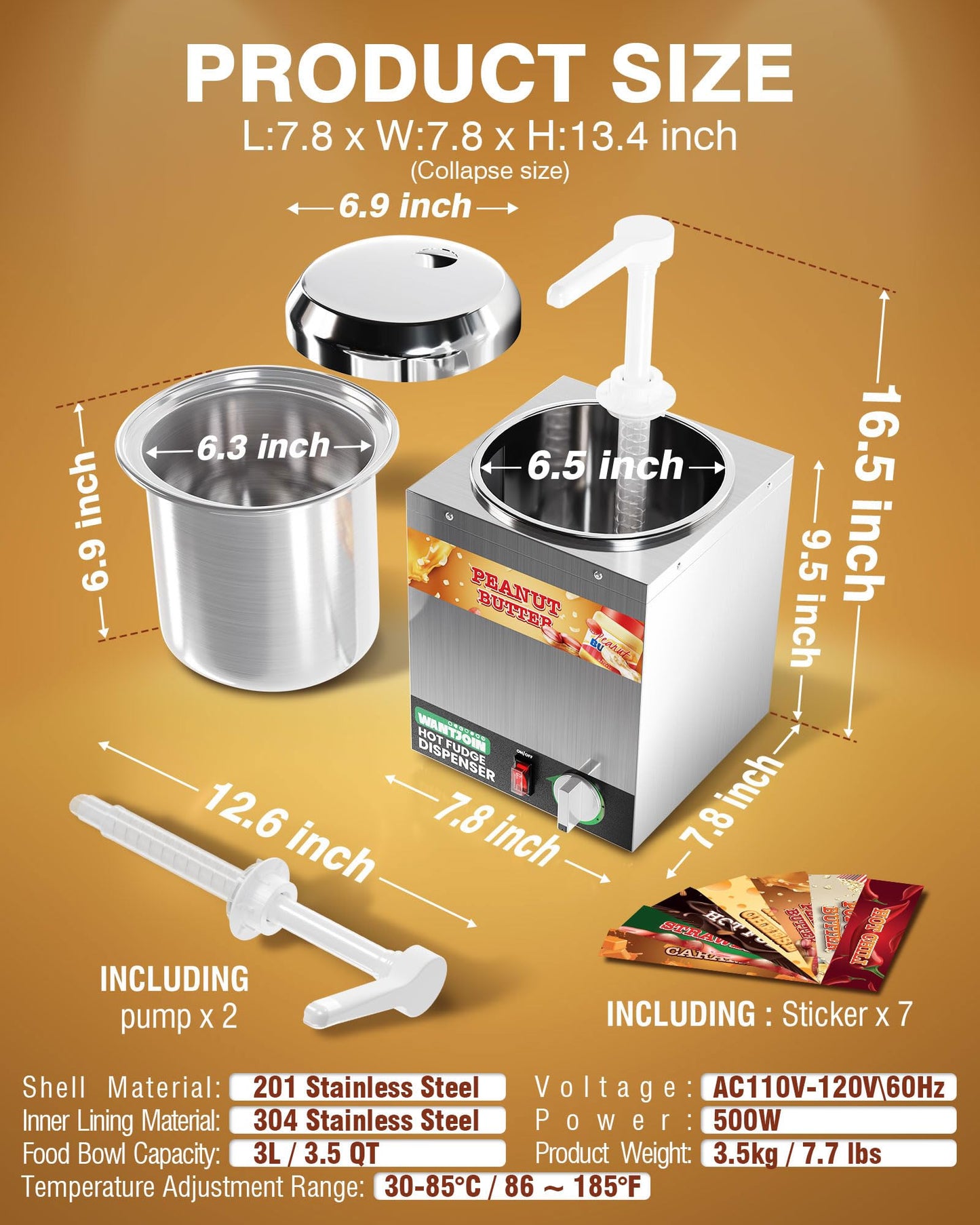 WantJoin 3.5Qt Nacho Cheese Dispenser with Pump - Nacho Cheese Warmer,Stainless Steel Hot Fudge Warmer W/5-Level Temperature Adjustment,Hot Fudge Dispenser for Hot Fudge Cheese Caramel