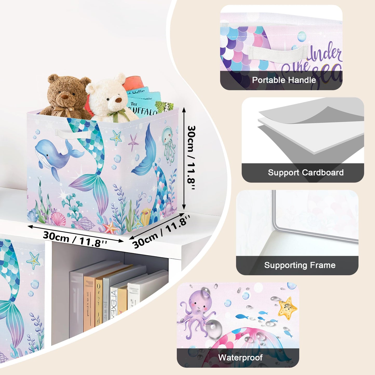 Clastyle Mermaid Tail Kid Storage Cube Organizer Set with Metal Frame Ocean Animal Turtle Closet Clothes Toy Storage Bin Nursery Toddler Girl Book Shelf Basket, Colorful Seaweed, 11.8x11.8x11.8 in