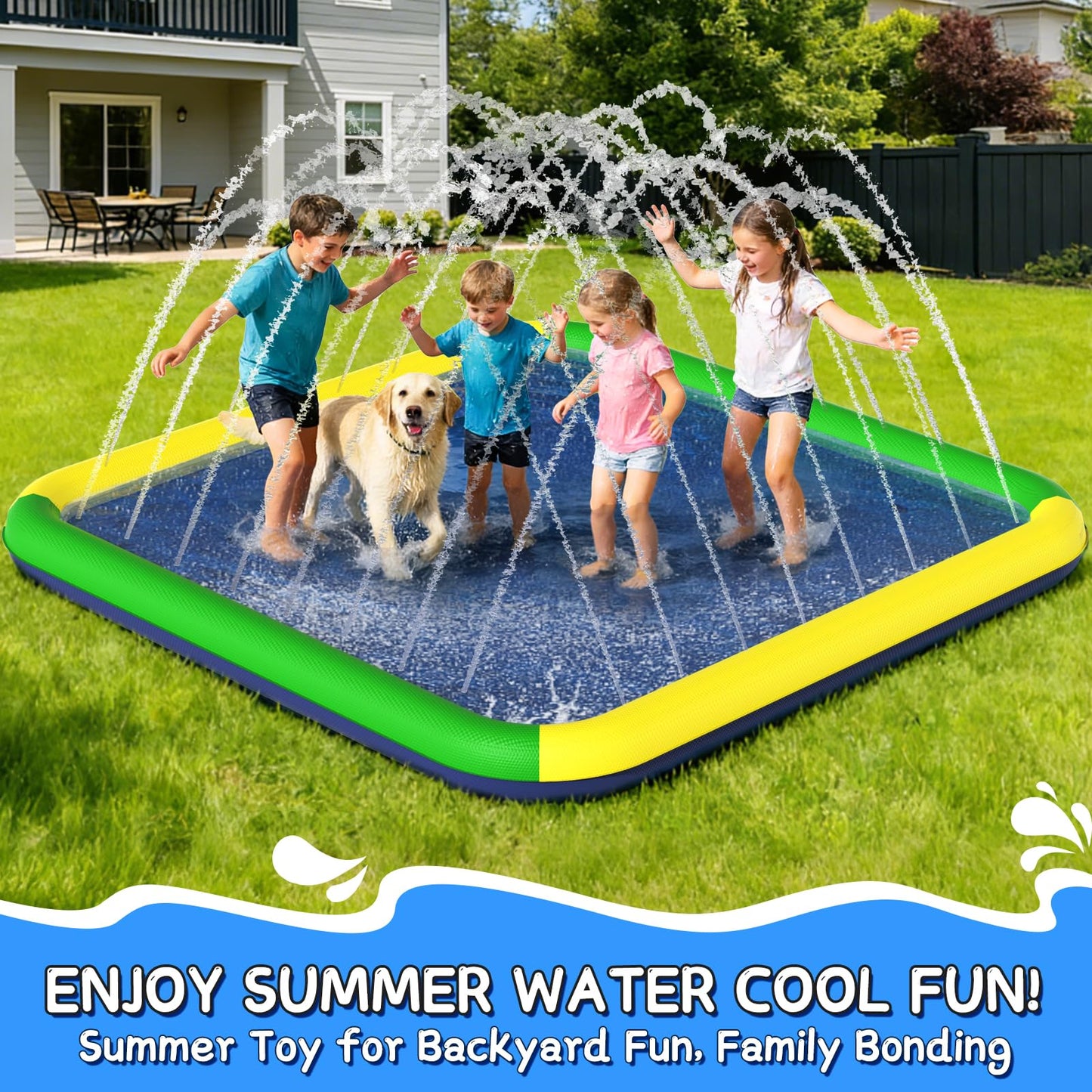 Splash Pad for Kids & Dogs, EPN 140"-100" Extra Large Non-Slip Sprinkler Splash Pad, Thickened 0.5mm PVC Water Play Mat, Outdoor Water Toy for Backyard Summer Fun, Ideal for Toddlers 3+ Boys Girls