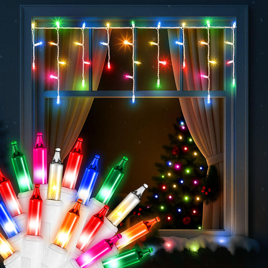 ElectricWise 2 Pack Christmas Window Icicle Lights 3FT 50 Bulbs, Ideal for Most U.S. Standard Windows, Indoor String Lights for Window Decor, UL Certification (Steady on Style,Multicolor)