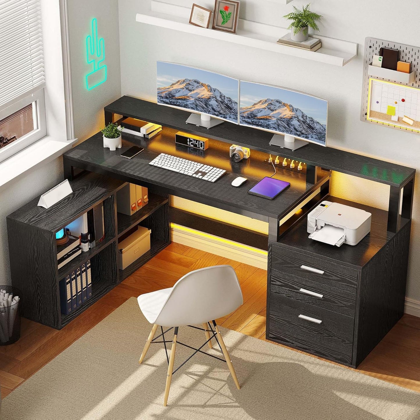 DWVO L Shaped Desk with Drawers, 65" Computer Desk with Power Outlets & LED Lights, Corner Home Office Desk with Storage Shelves & Printer Stand, Black