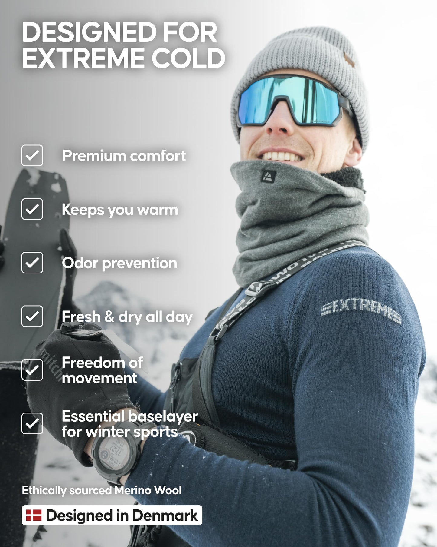 DANISH ENDURANCE Men's Merino Thermal Underwear Set for Extreme Cold, Long Johns, Long Sleeve, Mock Neck Winter Thermals, Black, Large