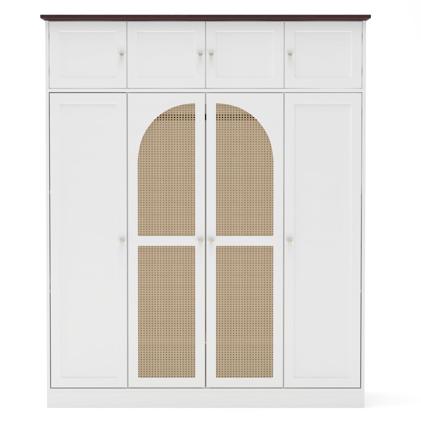 KEIKI Large 8 Doors Wood Wardrobe, Bedroom Tall Armoire Closet Organizer w/Rattan Decorative, Hanging Rails & Adjustable Shelves Clothes Storage Cabinet for Garage & Laundry Room, White