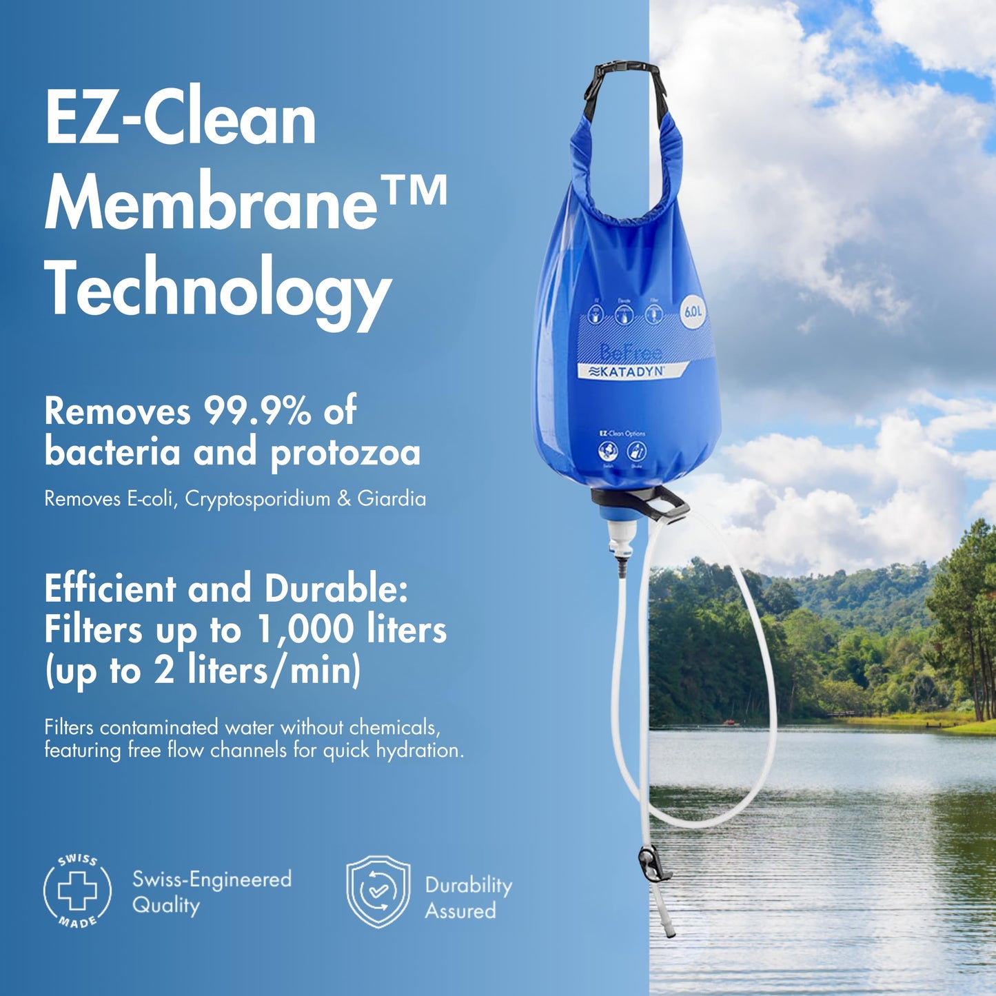 Katadyn Gravity BeFree 6L Water Microfilter, Camping, Backpacking, Emergency Preparedness, Blue