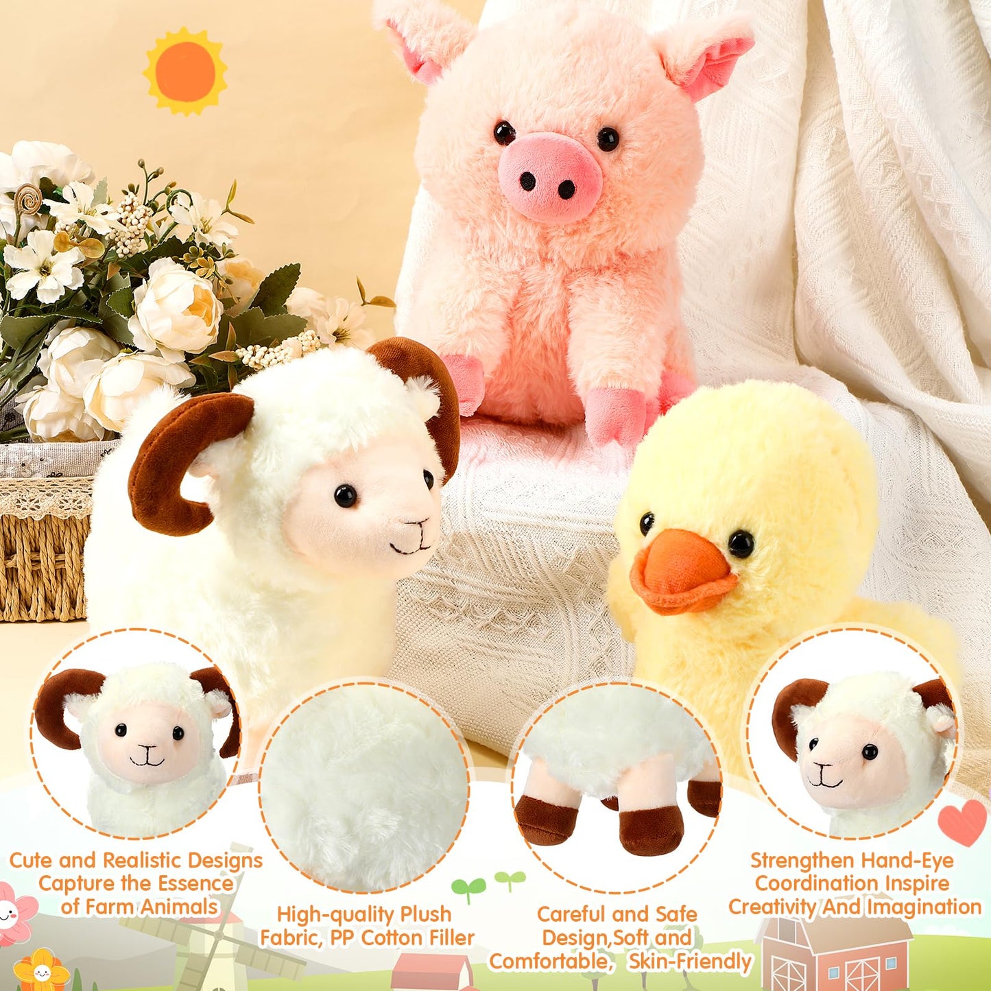 Hiboom 14 Pack Farm Stuffed Plush Animals Toys Set 8 Inch Barnyard Stuffed Animals Bulk Soft Pig Rooster Horse Duck Sheep Cow Dog Toy Gifts for Birthday Party Favor Supplies
