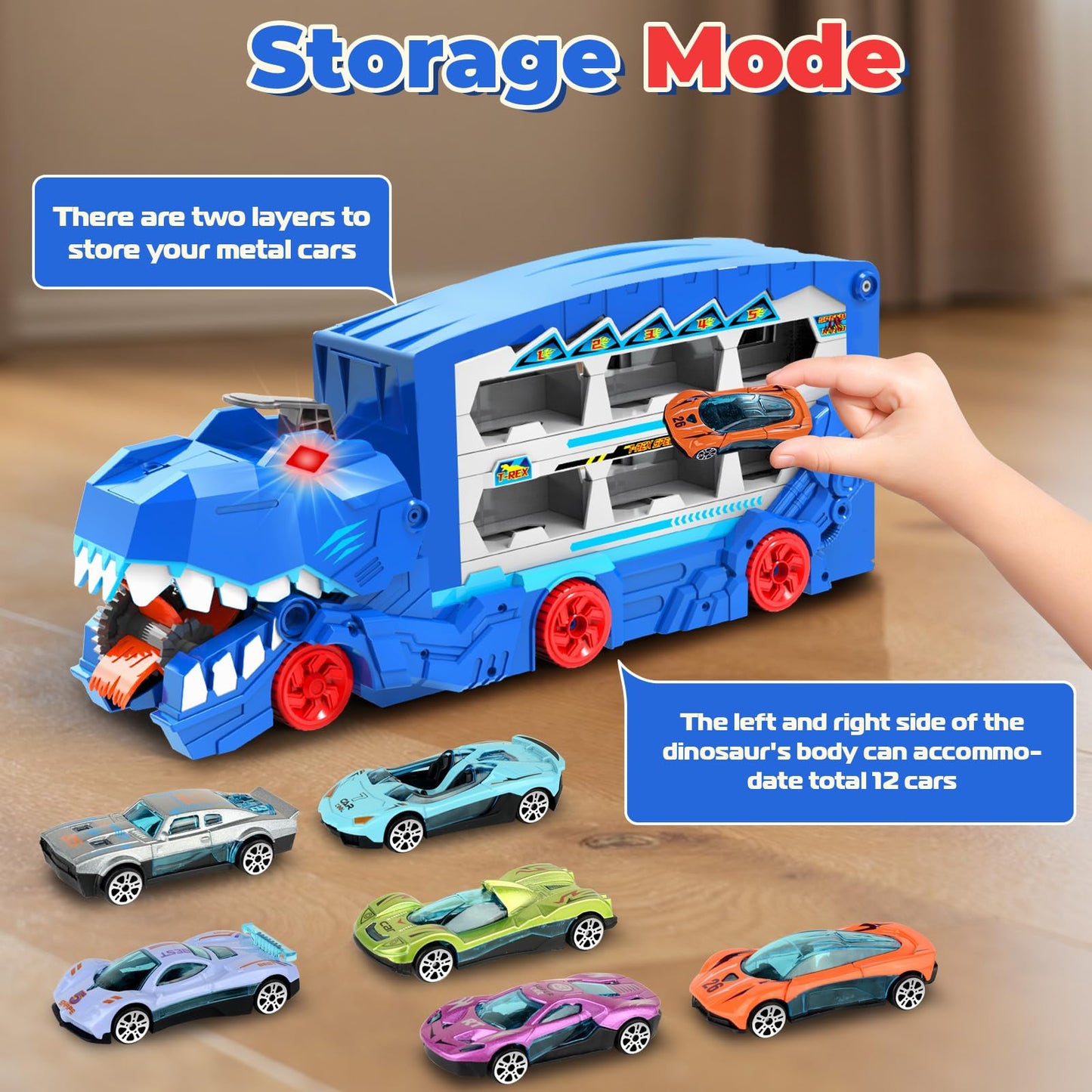 Dinosaur Transport Car Race Track Toy Set for Kids - Monster Carrier Truck Toys for Age 3 4 5 6 7 8 9 10 11 12 Years Old Boy Christmas Birthday Gifts with Die-Cast Metal Toy Cars, Light & Sound