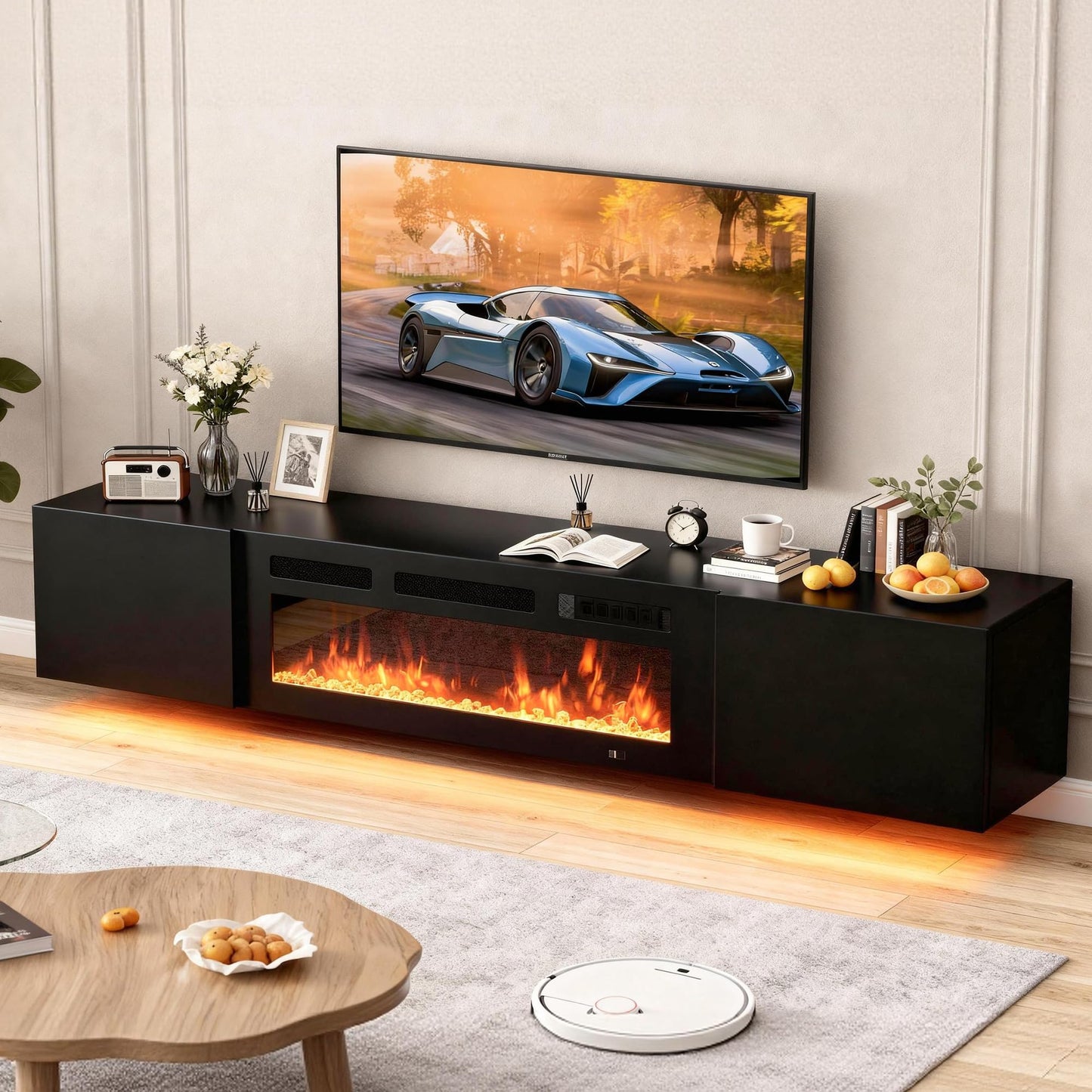 MXV 80'' Floating TV Stand with 40" Electric Fireplace, Modern Media Entertainment Center, TV Console Cabinet Wall Mounted with Adjustable 12-Color LED Lights, for Living Room, Black + Black