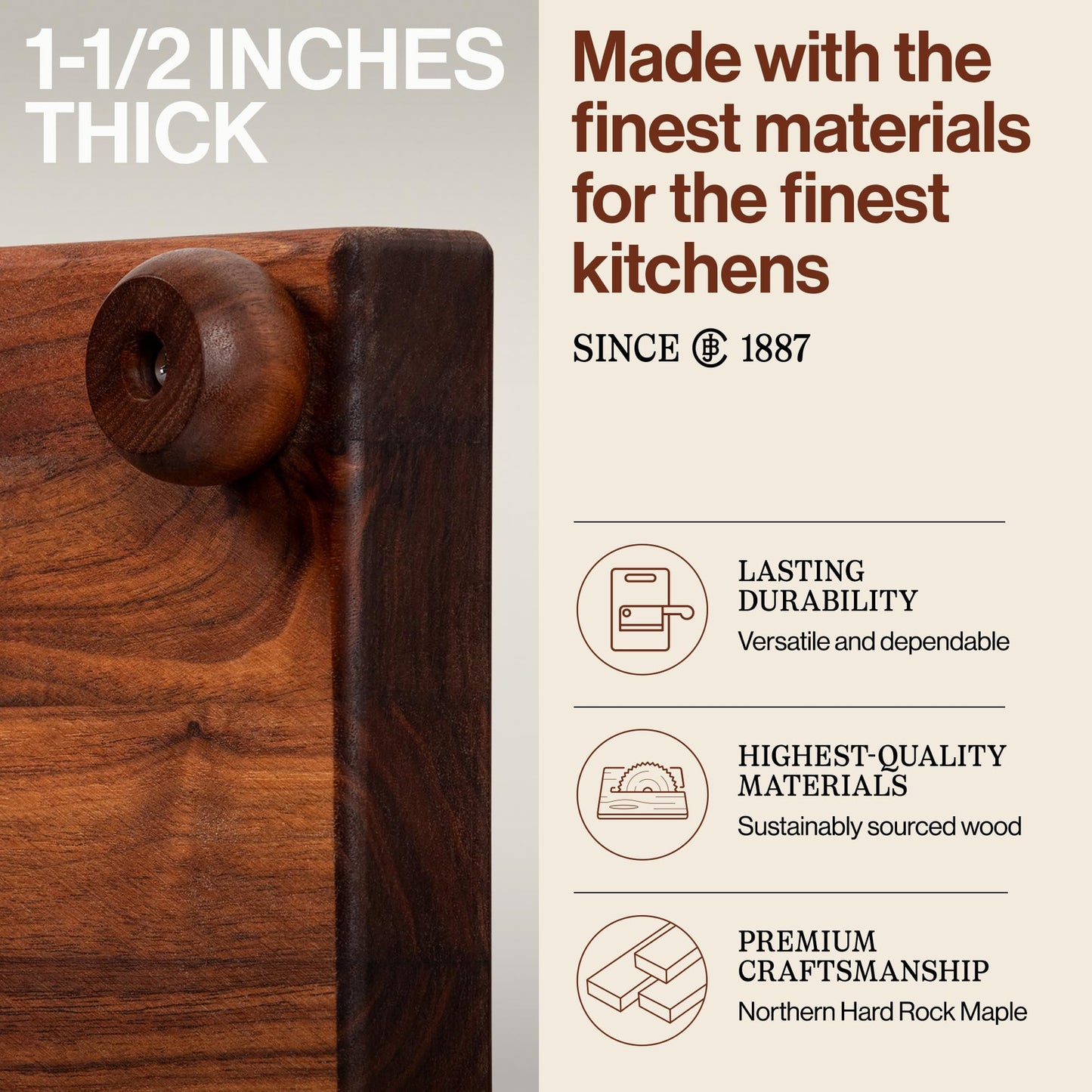 John Boos B Series Square Wooden Walnut Cutting Board 12”x12” – 1.5” Thick, 5-lb Non-Reversible Butcher Block with Wood Bun Feet & Edge-Grain