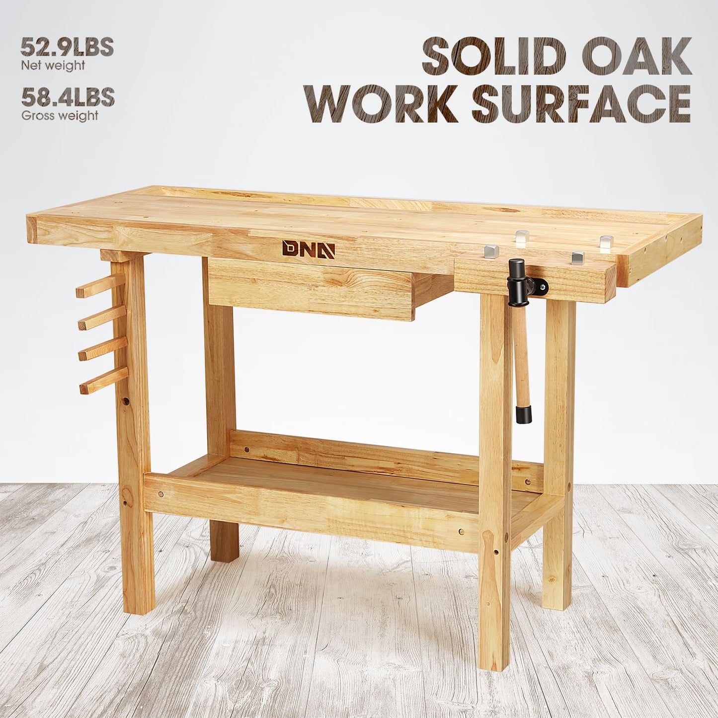 DNA Motoring Heavy Duty Wood Workbench, Wooden Workbench with Drawer for Workshop, Garage, W/Adjustable Handle, TOOLS-00520
