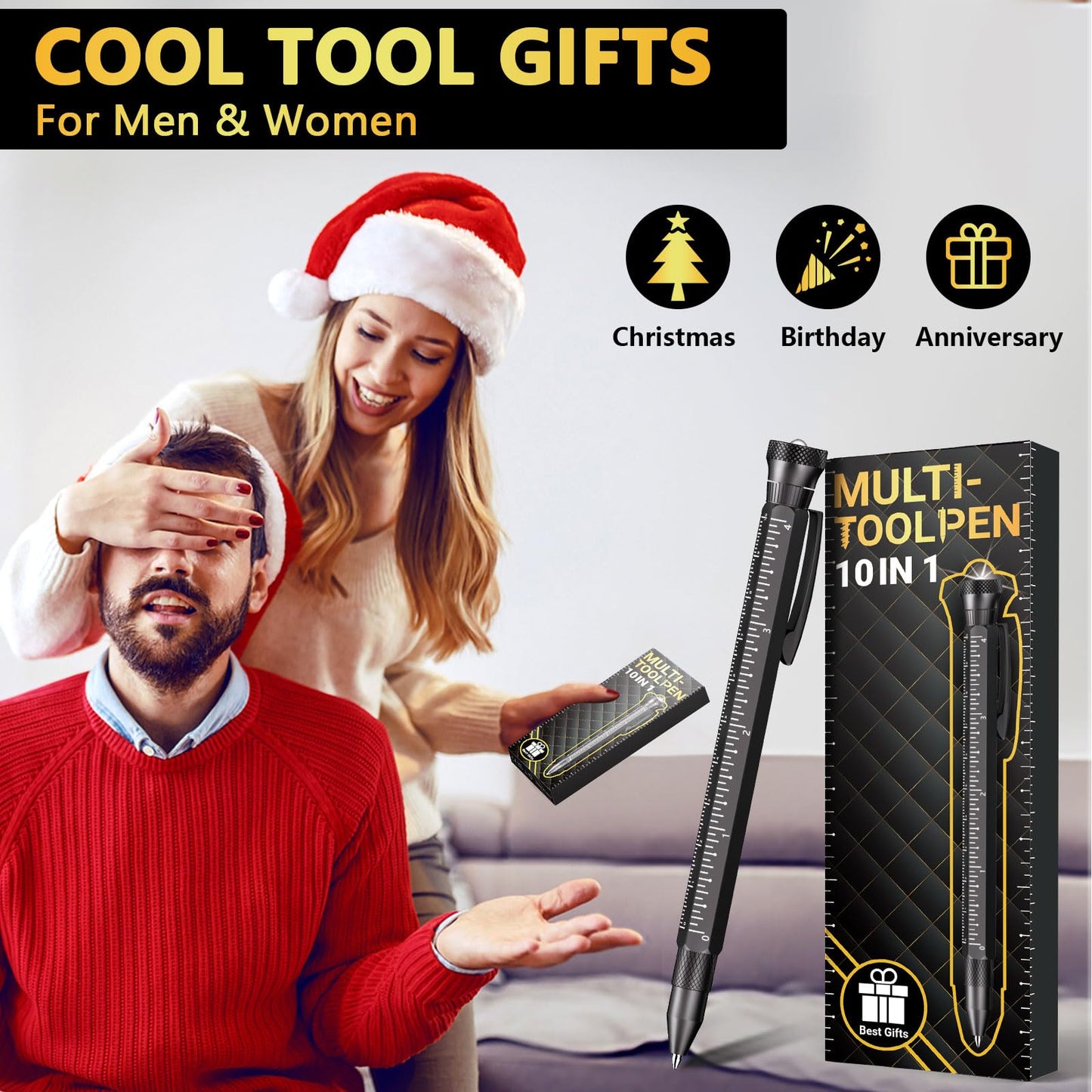 DMH Gifts for Men Multitool Pen - Stocking Stuffers for Men 10 in 1 Cool Tool Gadgets Unique Christmas Birthday Gift for Women Boyfriend Husband Who Have Everything Construction Carpenter Engineer