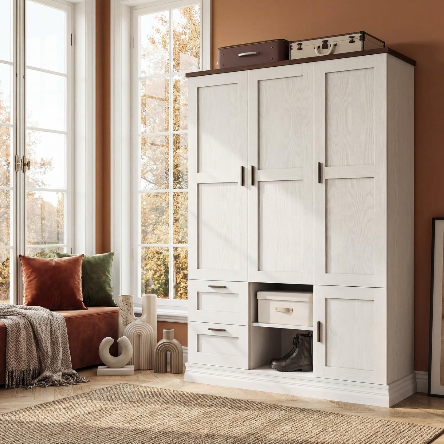 IRONCK Wardrobe Closet with 2 Drawers, 2 Hanging Rods, 3 Doors Wooden White Wardrobe, Large Freestanding Closet Bedroom Armoire Cloth Storage Cabinet for Couples, Easy Assembly, Rustic White