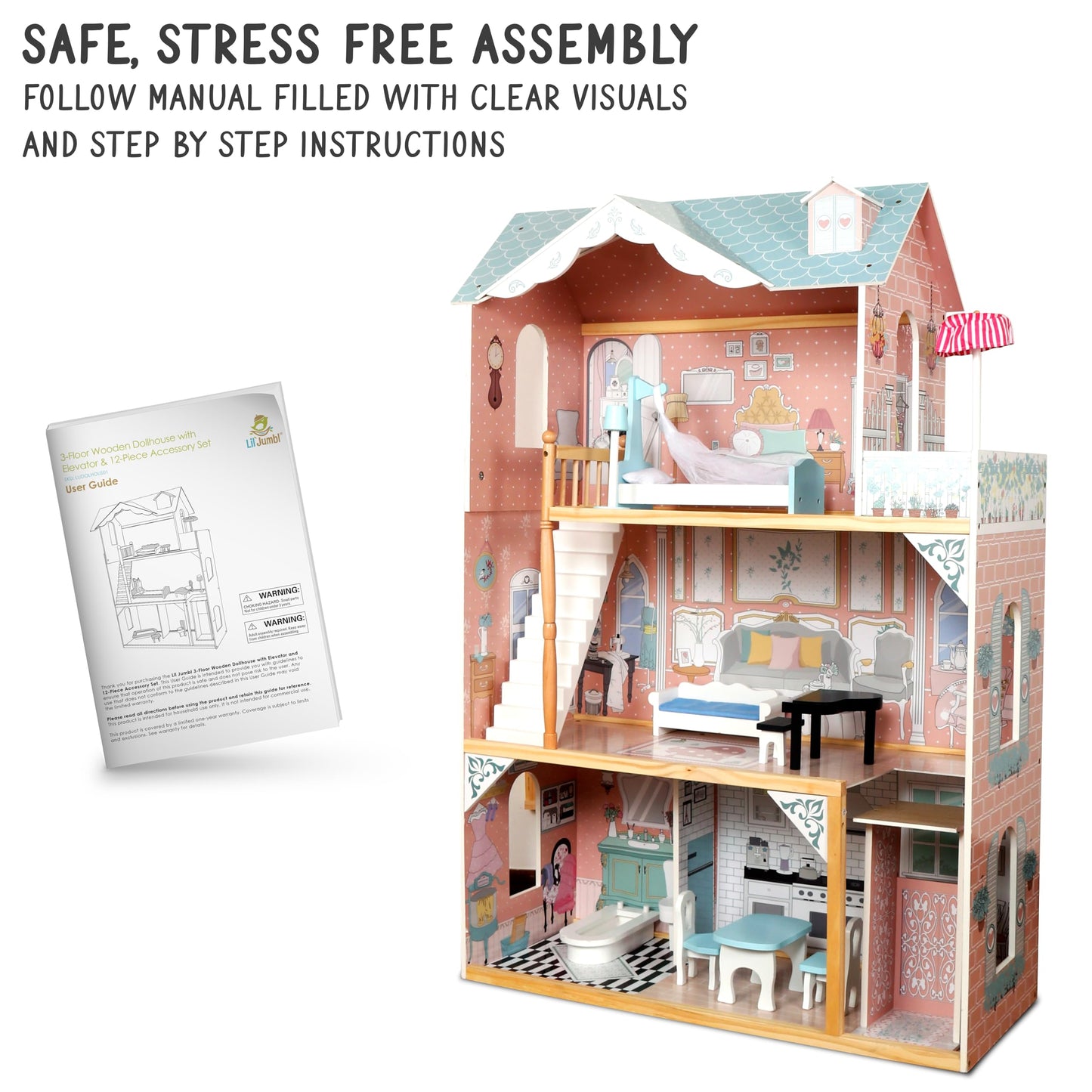 Lil' Jumbl Kids Wooden Dollhouse with Elevator, Balcony & Stairs, Accessories & Furniture Included, 3 Story Easy to Assemble Blue Dollhouse Toy - X-Large
