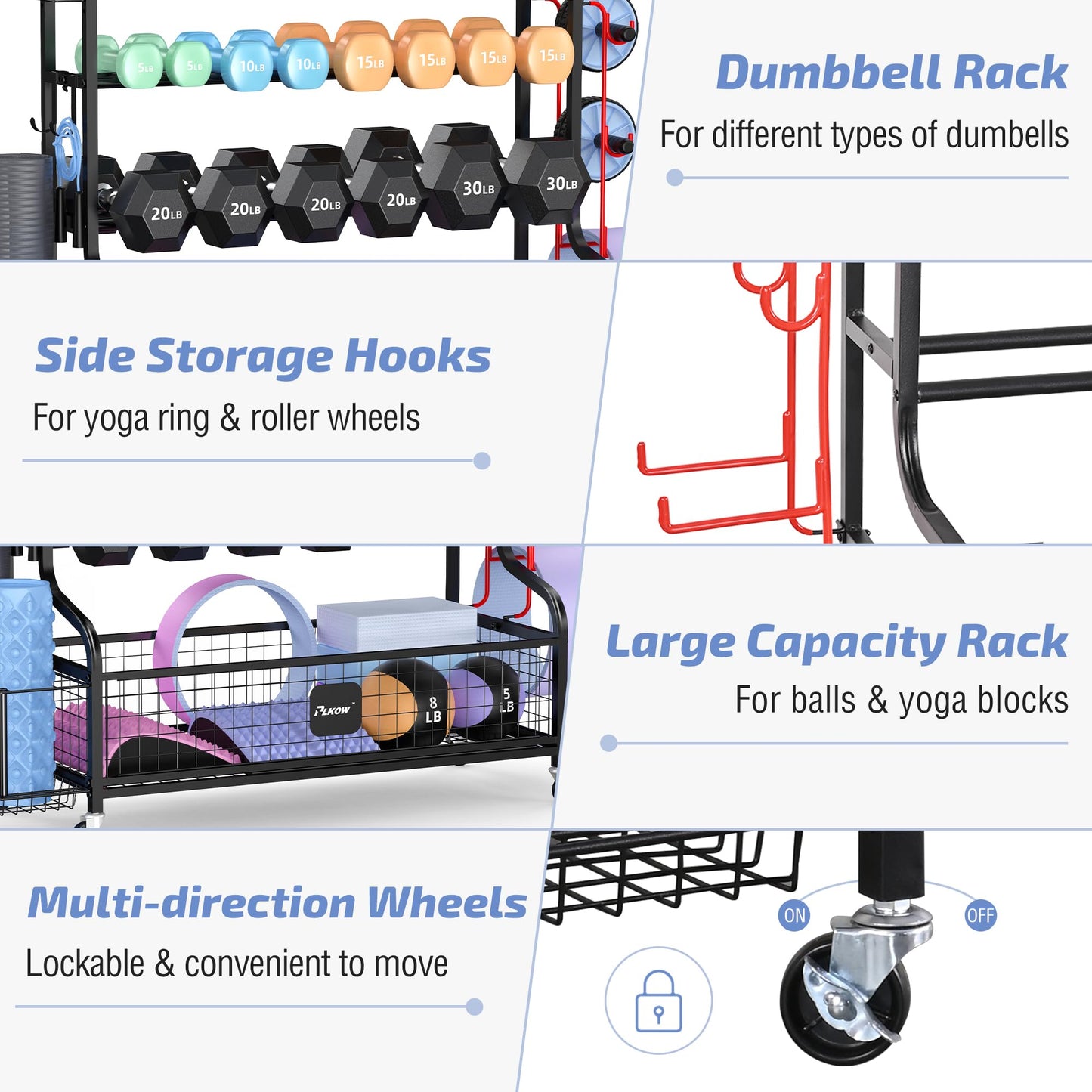 PLKOW Extra Wide Dumbbell Rack, Upgraded Weight Rack for Dumbbells Kettlebells Yoga Mat and Balls, Heavy Duty Home Gym Storage with Wheels and Hooks, Large Capacity Workout Organizer