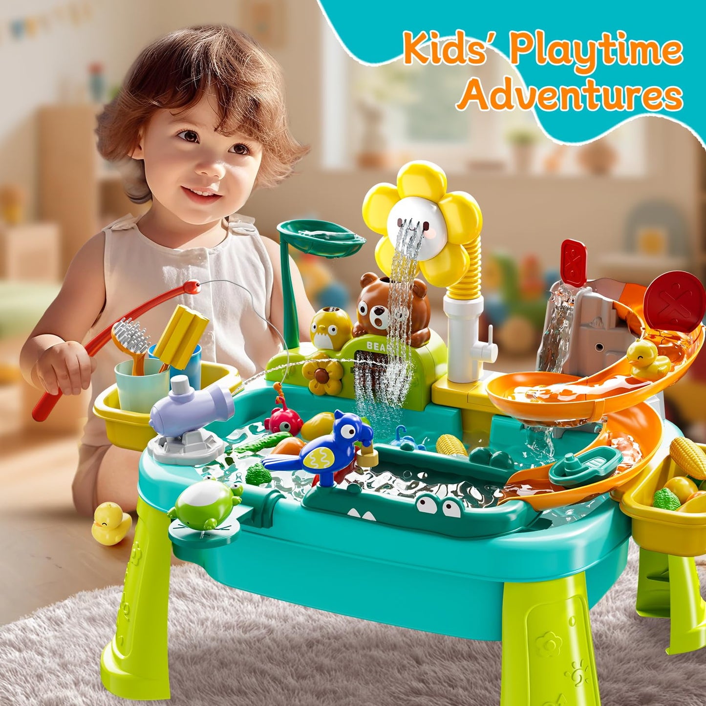 4-in-1 Kids Play Sink with Running Water, Mini Water Table with Detachable Legs, Upgraded Faucet and Dishes, Children Electric Dishwasher Toy, Kitchen Sensory Set (Blue)
