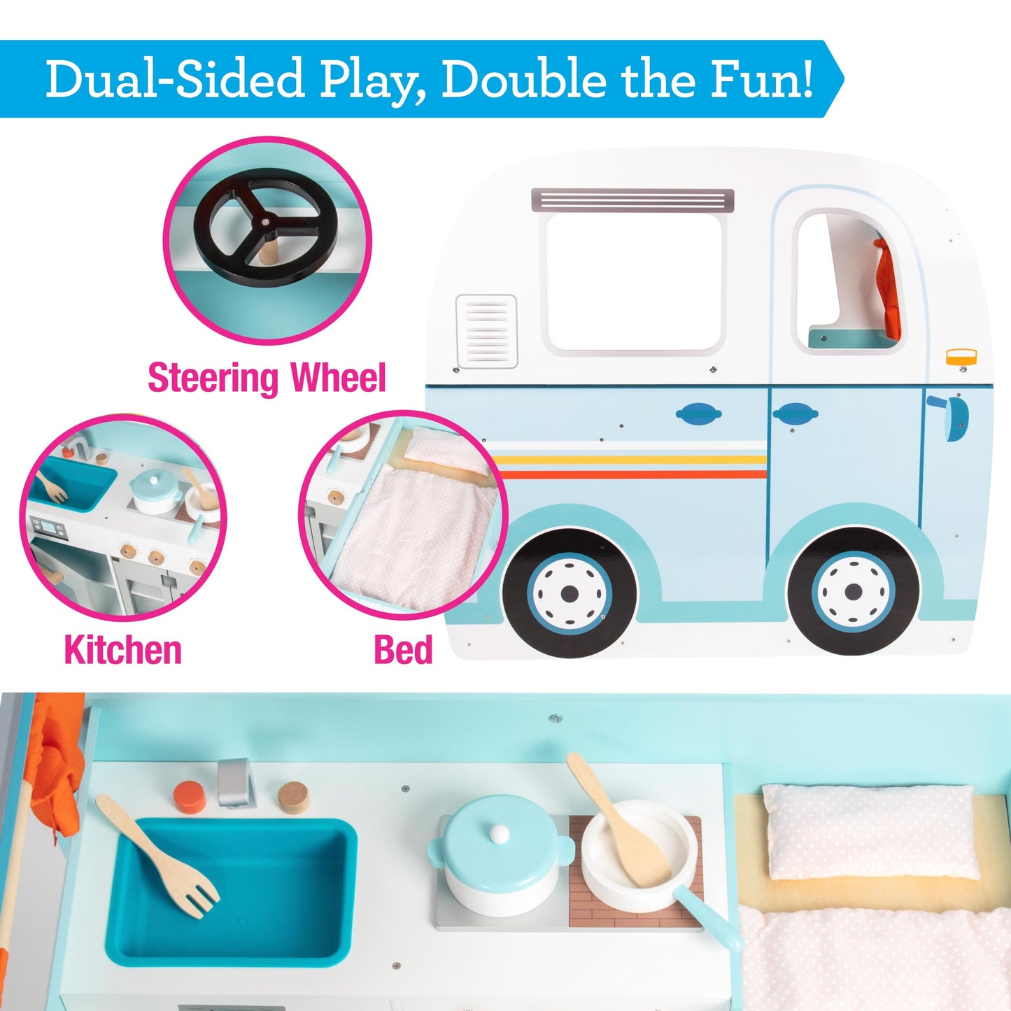 Wooden Play Camper Van Toy Playset w Steering Wheel, Kitchen, Stove, Oven, Bed, Pillow, Pretend Shower, Curtains, Personalization Stickers- Indoor Retro Car Camping, Travel RV Adventure- Ages 3+ Gift