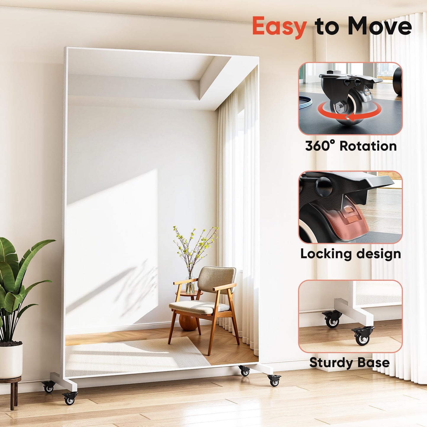 Suidia 72"x40" Full Length Mirror with Wheels, Shatterproof Full Body Mirrors, Mobile Floor Standing Mirror for Home Gym, Yoga, Dance Studio, Living Room, Rectangular, White