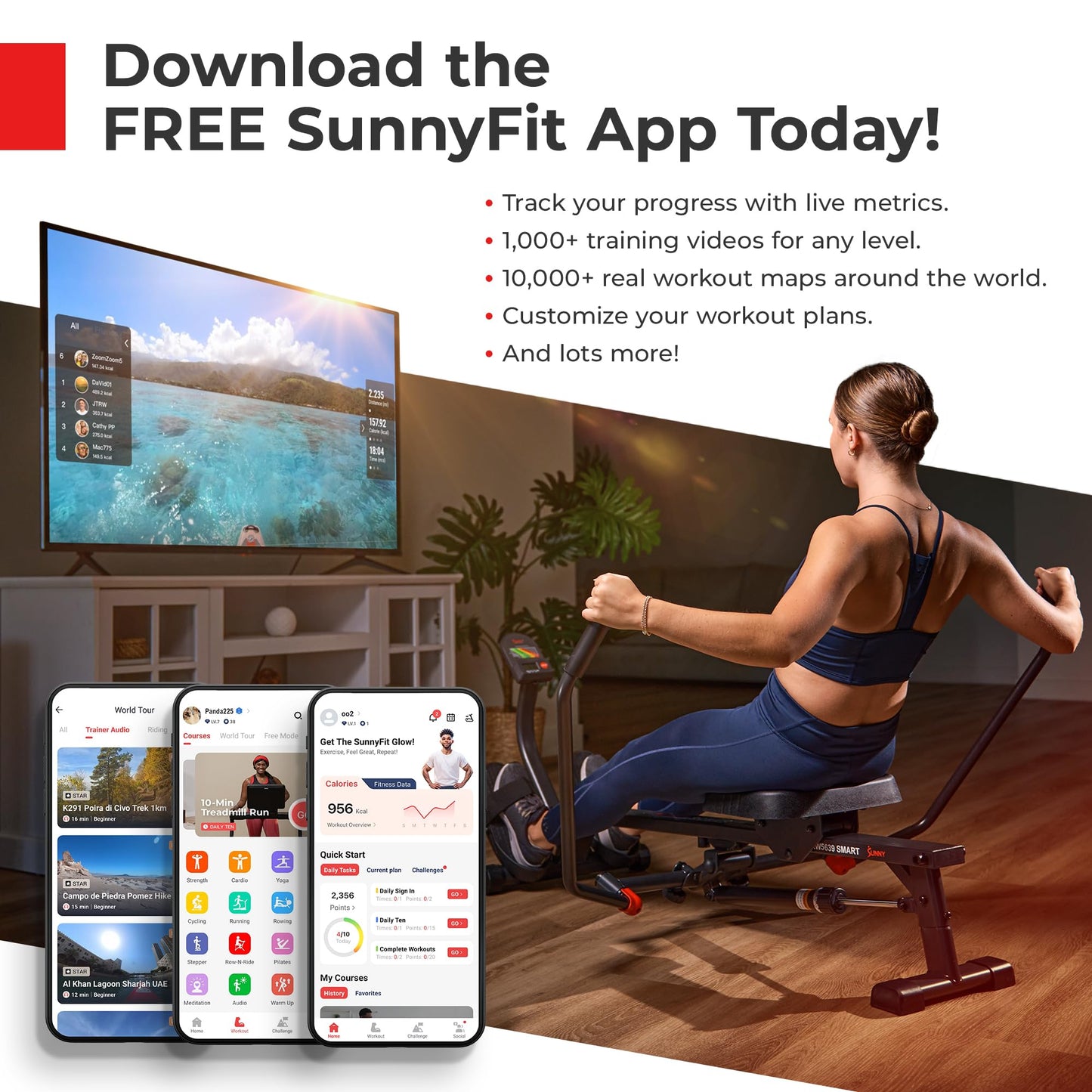 Sunny Health & Fitness Magnetic Rowing Machine Rower with 8-Level Resistance, 53.4" Extended Slide Rail & Digital LCD Display - SF-RW520084S