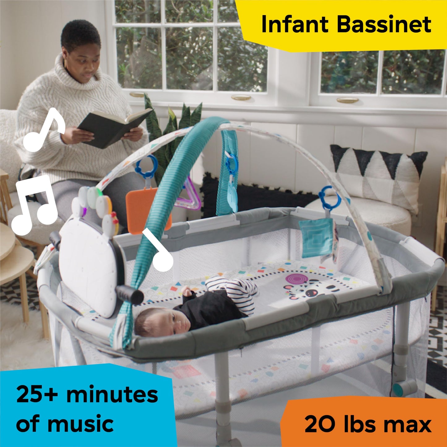Baby Einstein Kick & Snooze 3-in-1 Foldable Playard, Bassinet and Musical Play Gym, Includes Fitted Sheet, 3-Step Easy Fold, Piano Toy with 25+ Minutes of Music, Grows with Baby, Ages 0 Months and Up