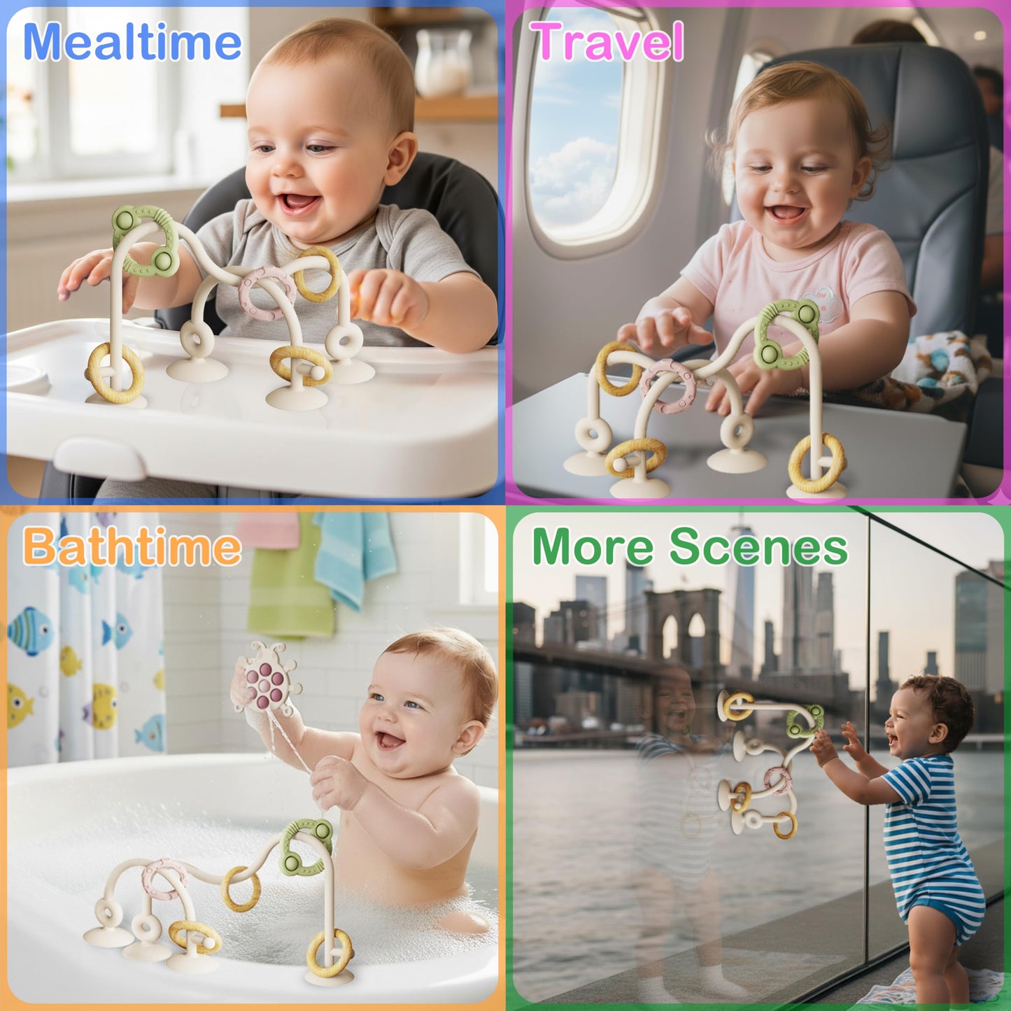 Baby Montessori Toy, High Chair Suction Cup Toy and Teething Toy Set - Table Toy & Pop-it Fidget Teether for 6+ Months 1 2 3 Years, BPA Free Silicone Sensory Toys for Baby and Toddler (Beige)