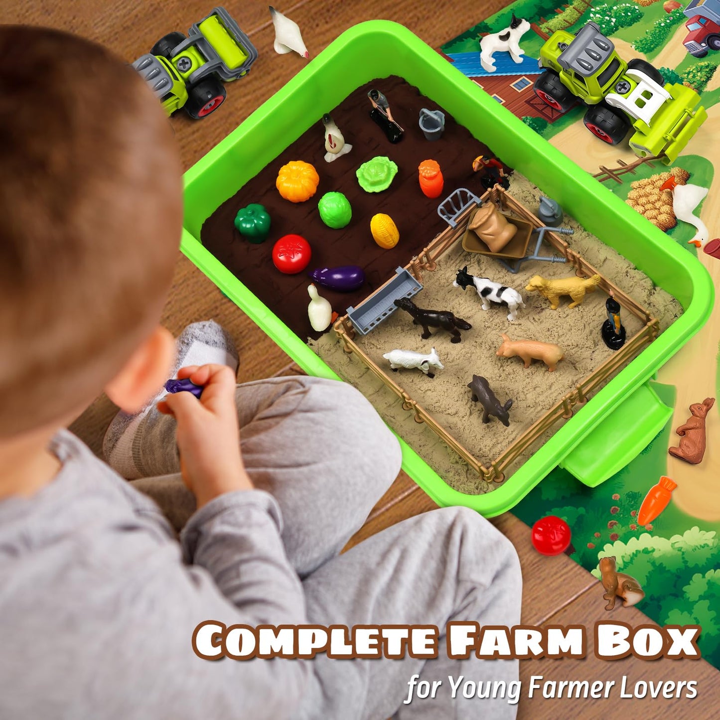 Aprilwolf 69 PCS Farm Sensory Bin Toys Playset, Sandboxes with Sand, Farmer Tractor & Farm Animals Figures Toys for Kids 3 4 5, Gifts for 6 7 Years Old Boys Girls Toddlers